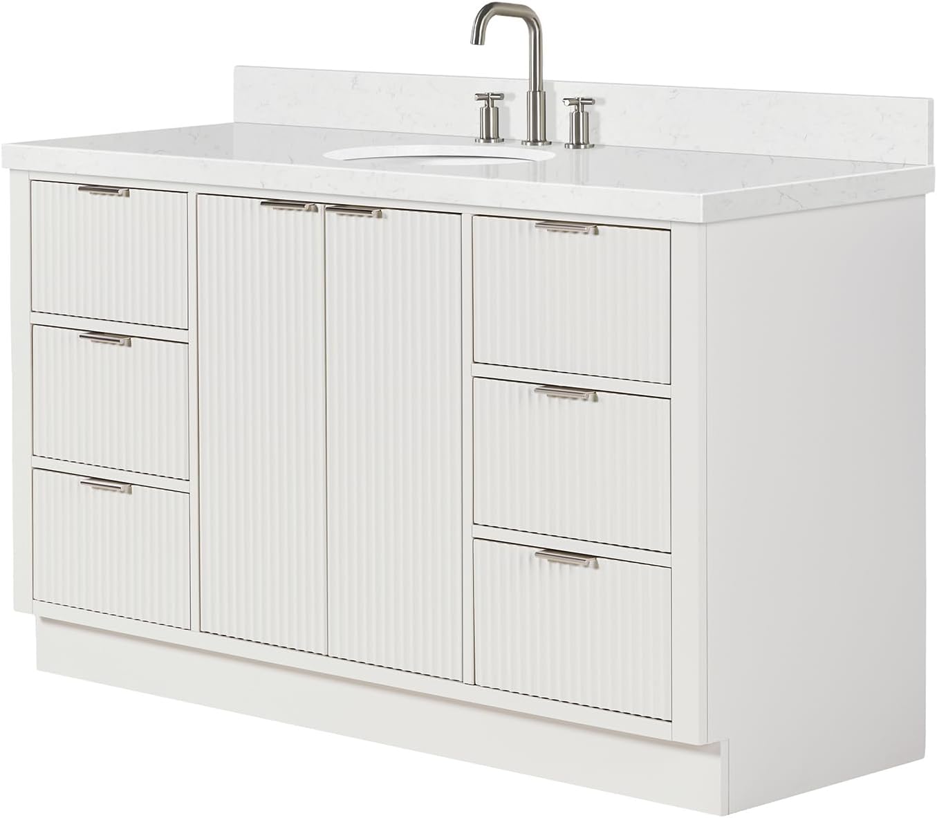 ARIEL Milan 60-inch Bathroom Vanity with Sink,Solid Wood, 1.5-inch Carrara White Quartz Countertop & Backsplash, Single Oval Porcelain Sink, 2 Soft Closing Doors, 6 Dovetail Drawers, Warm White