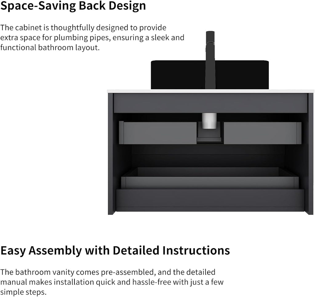 Yayzy 30' Floating Bathroom Vanity with Sink, Solid Wood Fluted Cabinet, Black Fluted Oval Ceramic Basin & Faux Marble Top, Soft-Close Drawer, Pre-Assembled, Gloss Black