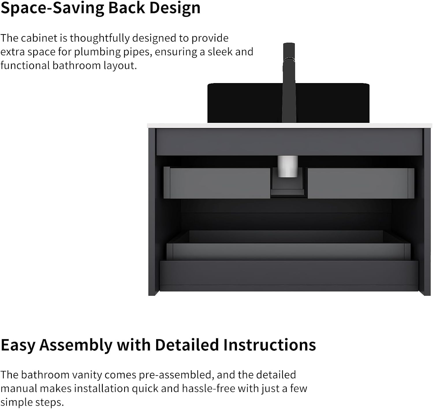 Yayzy 30' Floating Bathroom Vanity with Sink, Solid Wood Fluted Cabinet, Black Fluted Square Ceramic Basin & Faux Marble Top, Soft-Close Drawer, Pre-Assembled, Gloss Black