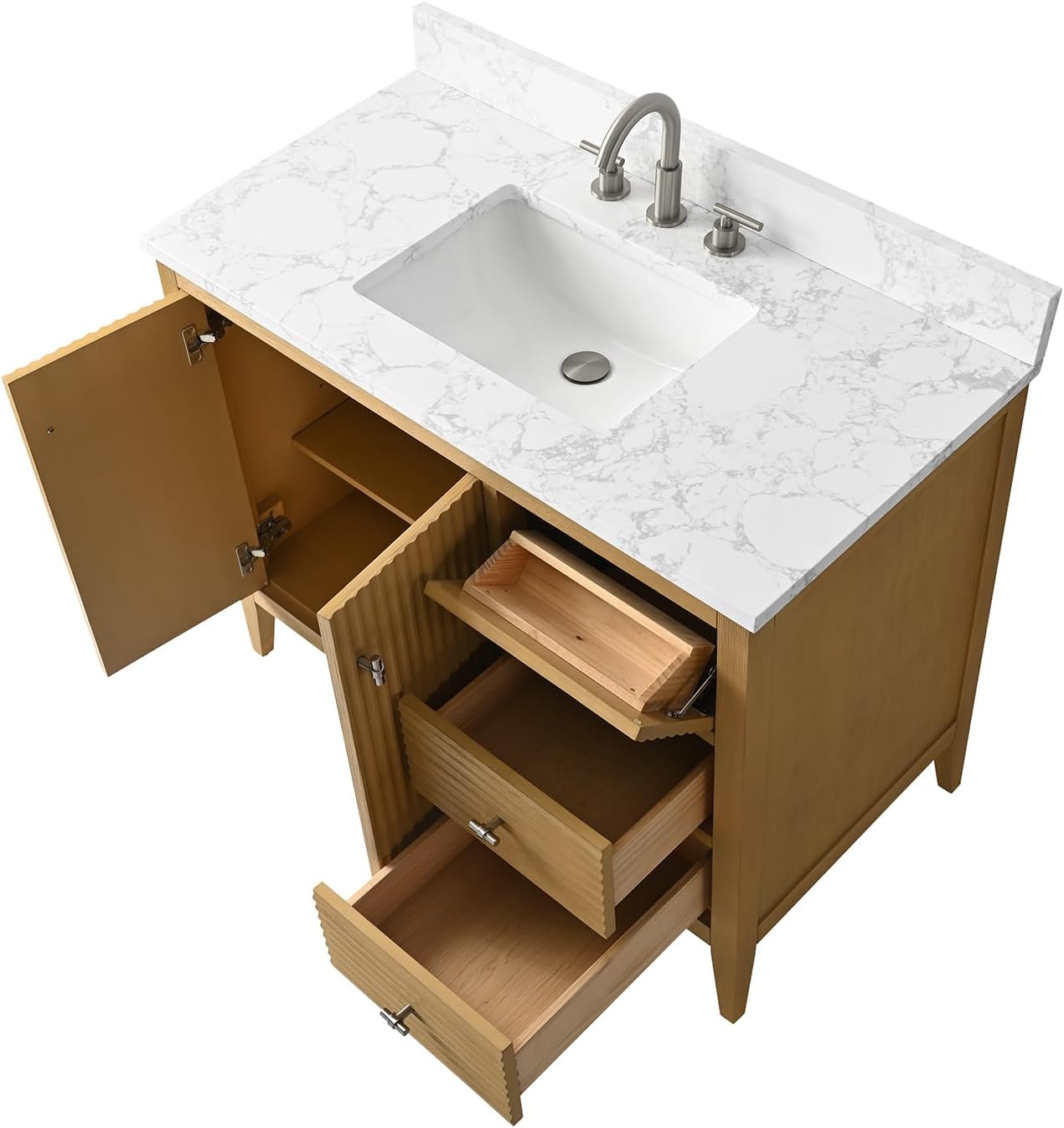 HOMEBEYOND 42' Bathroom Vanity with Sink, Solid Wood Bathroom Vanity Free-Standing Cabinet, Drawers, Ceramic Top & Soft Closing Door, Golden Brushed Handware, Natural Oak