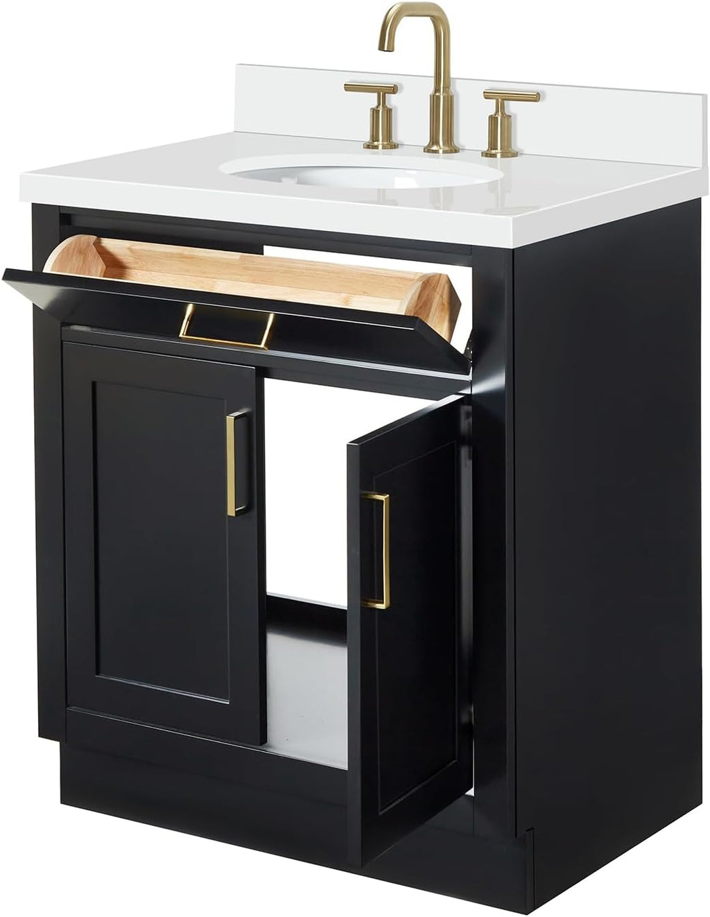 ARIEL Hepburn 30-inch Bathroom Vanity with Sink,Solid Wood, 1.5-inch Pure White Quartz Countertop & Backsplash, Single Oval Porcelain Sink, 2 Soft Closing Doors, 1 Dovetail Drawers, Black