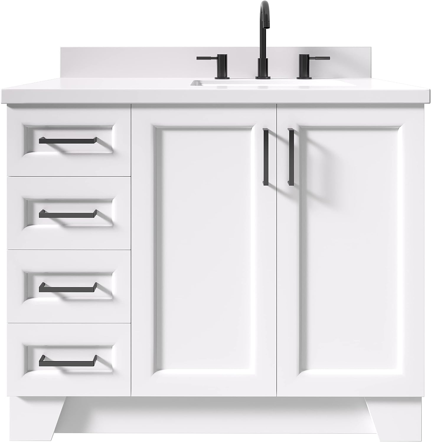 ARIEL Taylor 42-inch Bathroom Vanity with Sink,Solid Wood, 1.5-inch Pure White Quartz Countertop & Backsplash, Single Rectangular Porcelain Sink, 2 Soft Closing Doors, 5 Dovetail Drawers, White