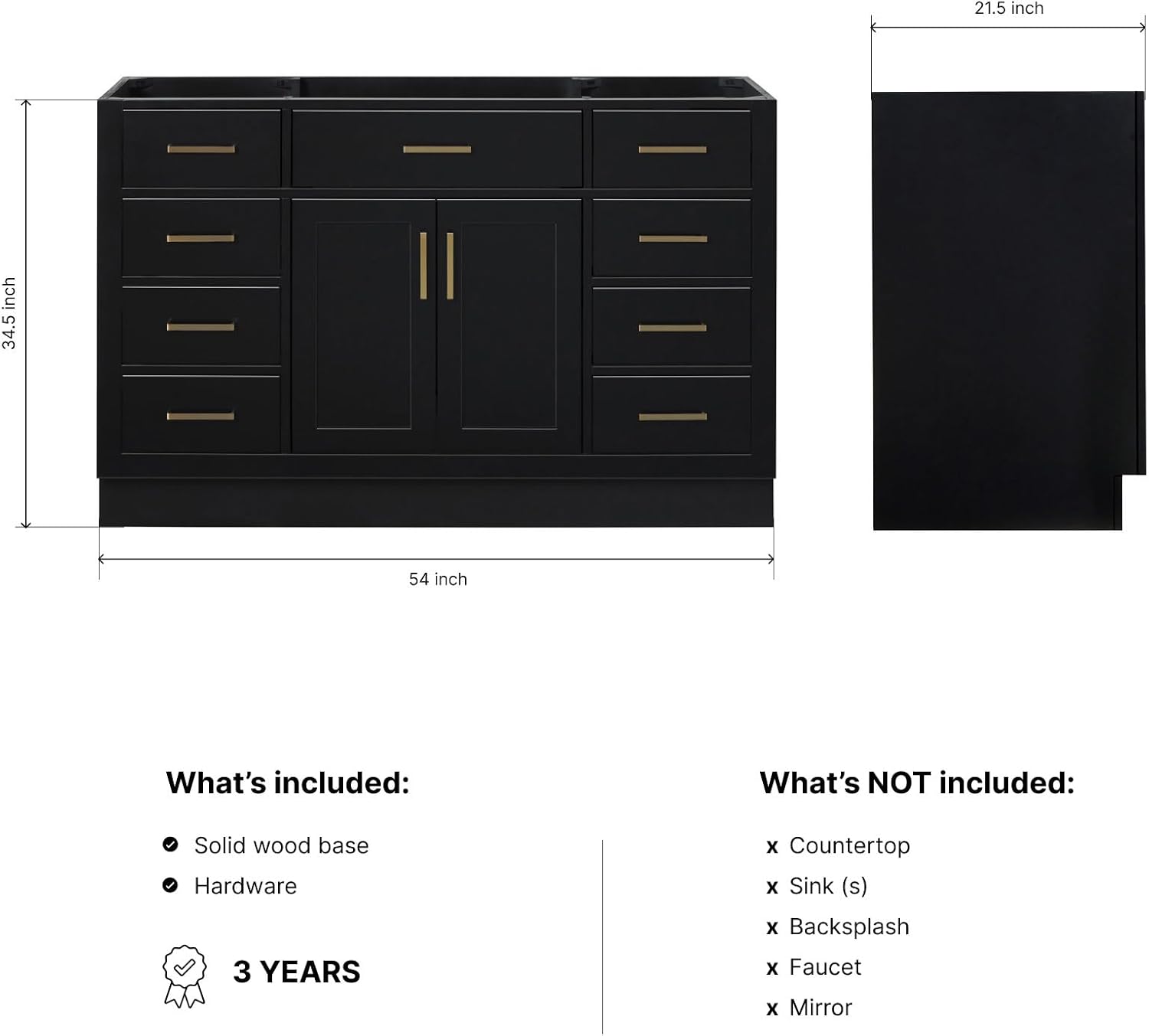 ARIEL Hepburn 54-inch Bathroom Vanity Base Cabinet,Solid Wood, 2 Soft Closing Doors, 9 Dovetail Drawers, Black