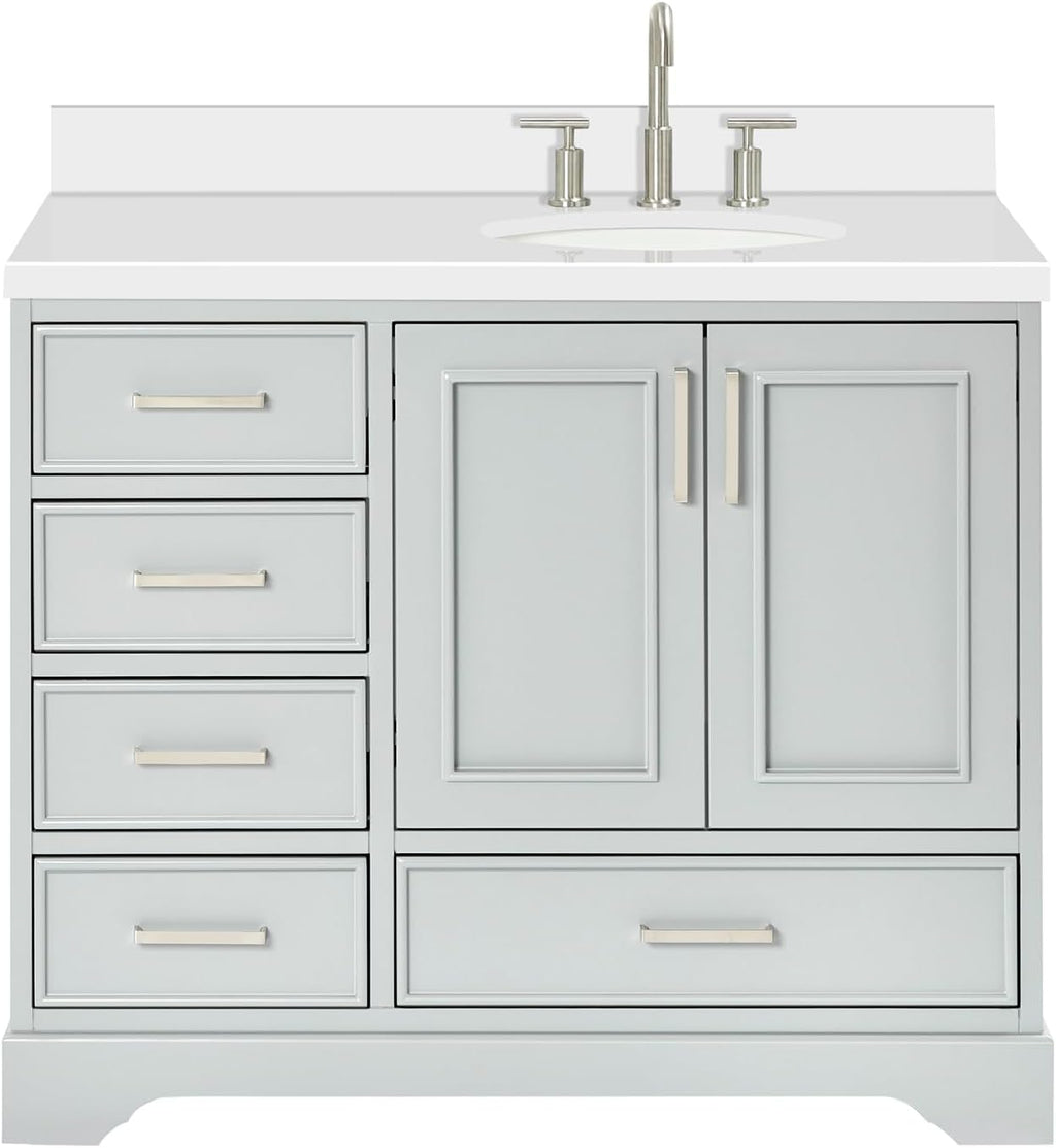 DKB Langford 42-inch Grey Bathroom Vanity with Right Oval Single Sink, Pure White Quartz Countertop & Backsplash, Solid Wood Frame, Soft-Closing & Dovetail Drawers