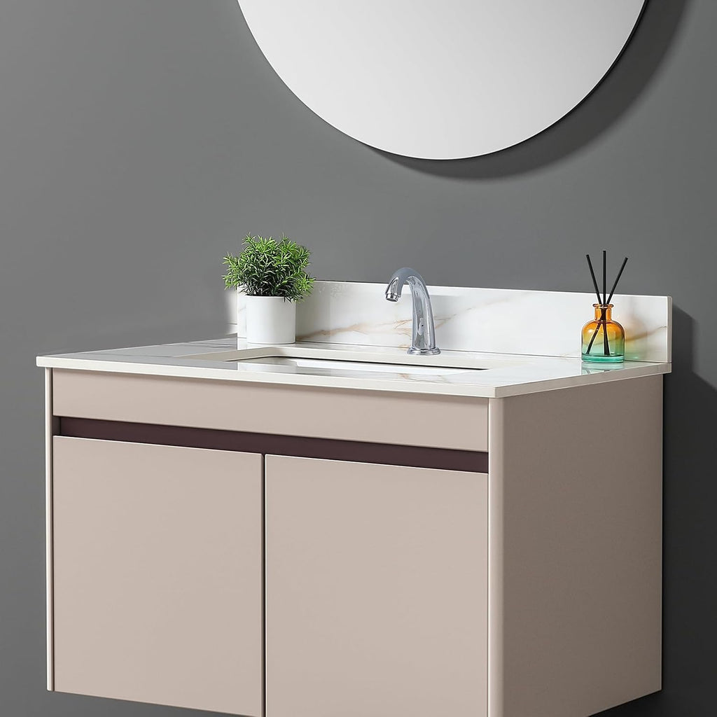 31' Bathroom Vanity Top with Ceramic Undermount Sink & Backsplash,Calacatta Gold Sintered Stone Counter Top, Single Hole Vanity Sink Top