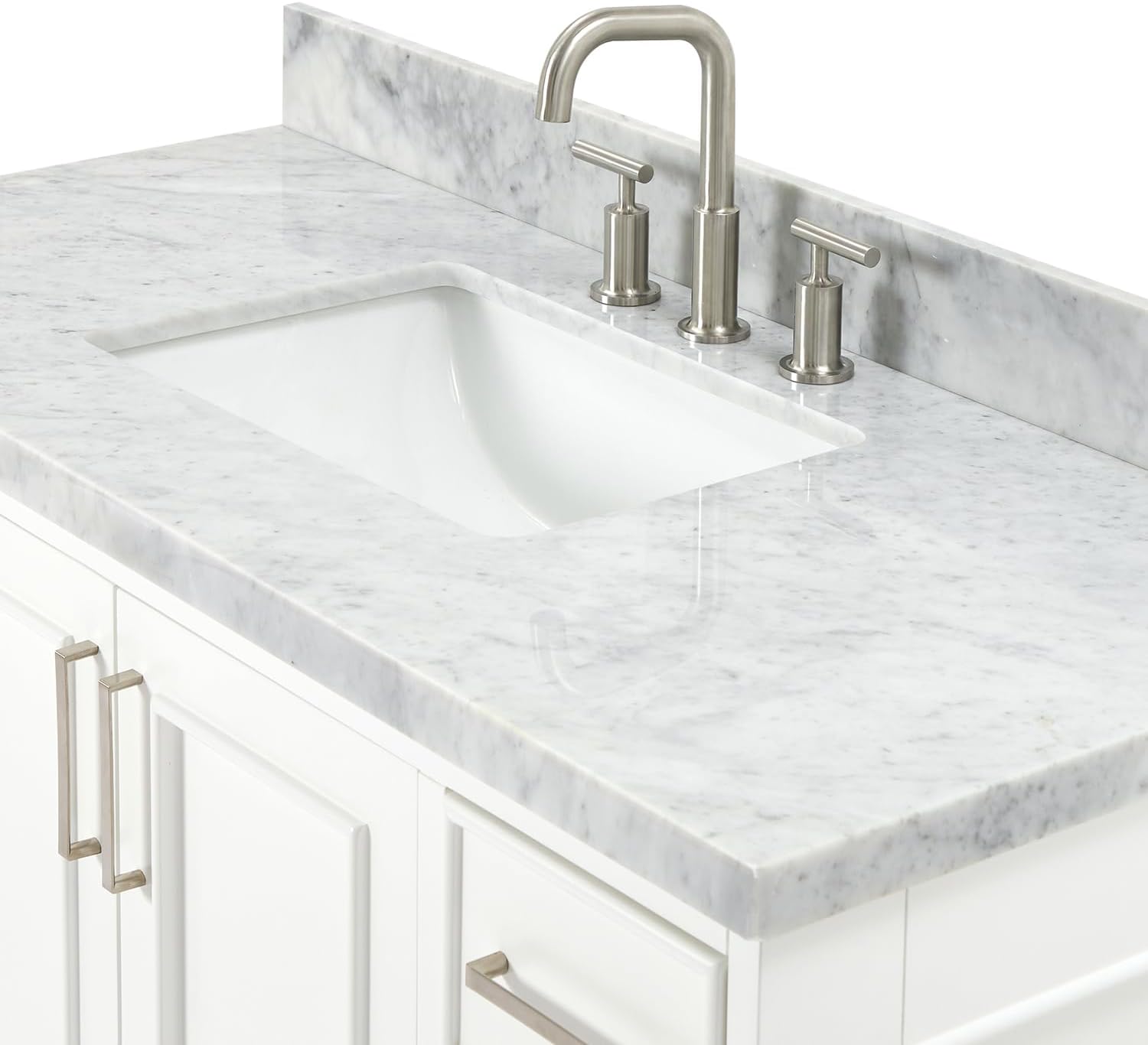 ARIEL Stafford 48-inch Bathroom Vanity with Sink,Solid Wood, 1.5-inch Italian Carrara Marble Countertop, Single Rectangular Porcelain Sink, 2 Soft Closing Doors, 9 Dovetail Drawers, White