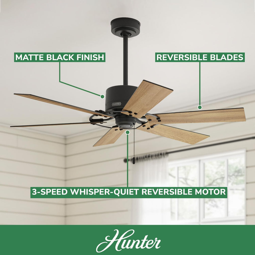 Hunter 52 inch Indoor Ceiling Fan No Light - Black Ceiling Fan without Light, 6 Blades, Standard Mount, For Bedroom, Living Room, or Kitchen, Pull Chain - Gilrock 51817, Matte Black