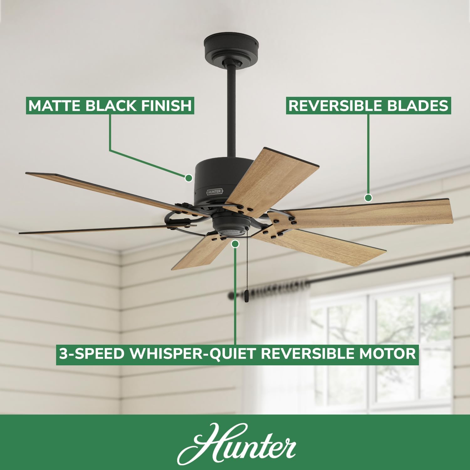 Hunter 52 inch Indoor Ceiling Fan No Light - Black Ceiling Fan without Light, 6 Blades, Standard Mount, For Bedroom, Living Room, or Kitchen, Pull Chain - Gilrock 51817, Matte Black
