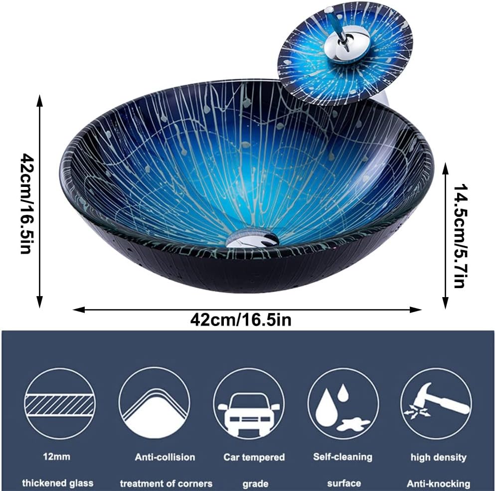 MBROS Tempered Glass Vessel Sink Mediterranean Style Art Wash Basin Counter Top Installation Vanity Sinks with Waterfall Chrome Faucet Combo and Pop Up Sink Drain (Color : Blue, Size : 42x42x14.5c