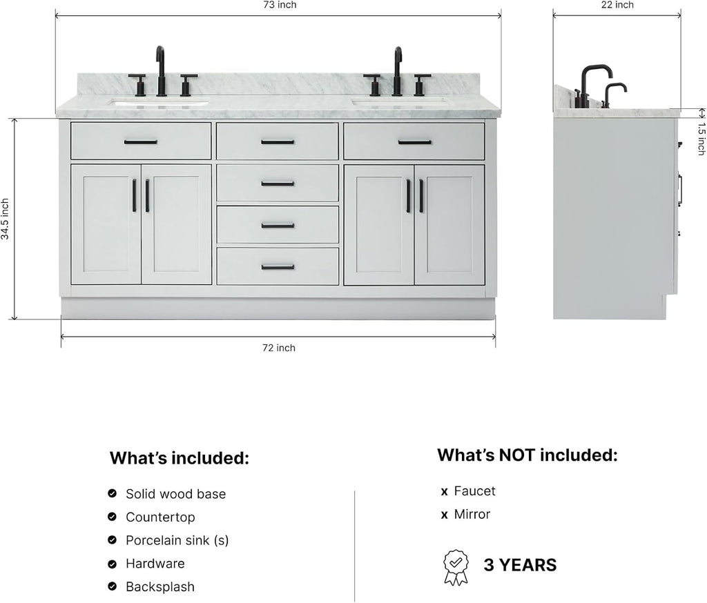 DKB Isabella 72 Inch Bathroom Vanity Double Sink — Grey Bathroom Vanity with Sink, 1.5' Edge Italian Carrara Marble Countertop & Backsplash, 4 Soft-Close Doors, 4 Dovetail Drawers, and 2 Tilt Drawers