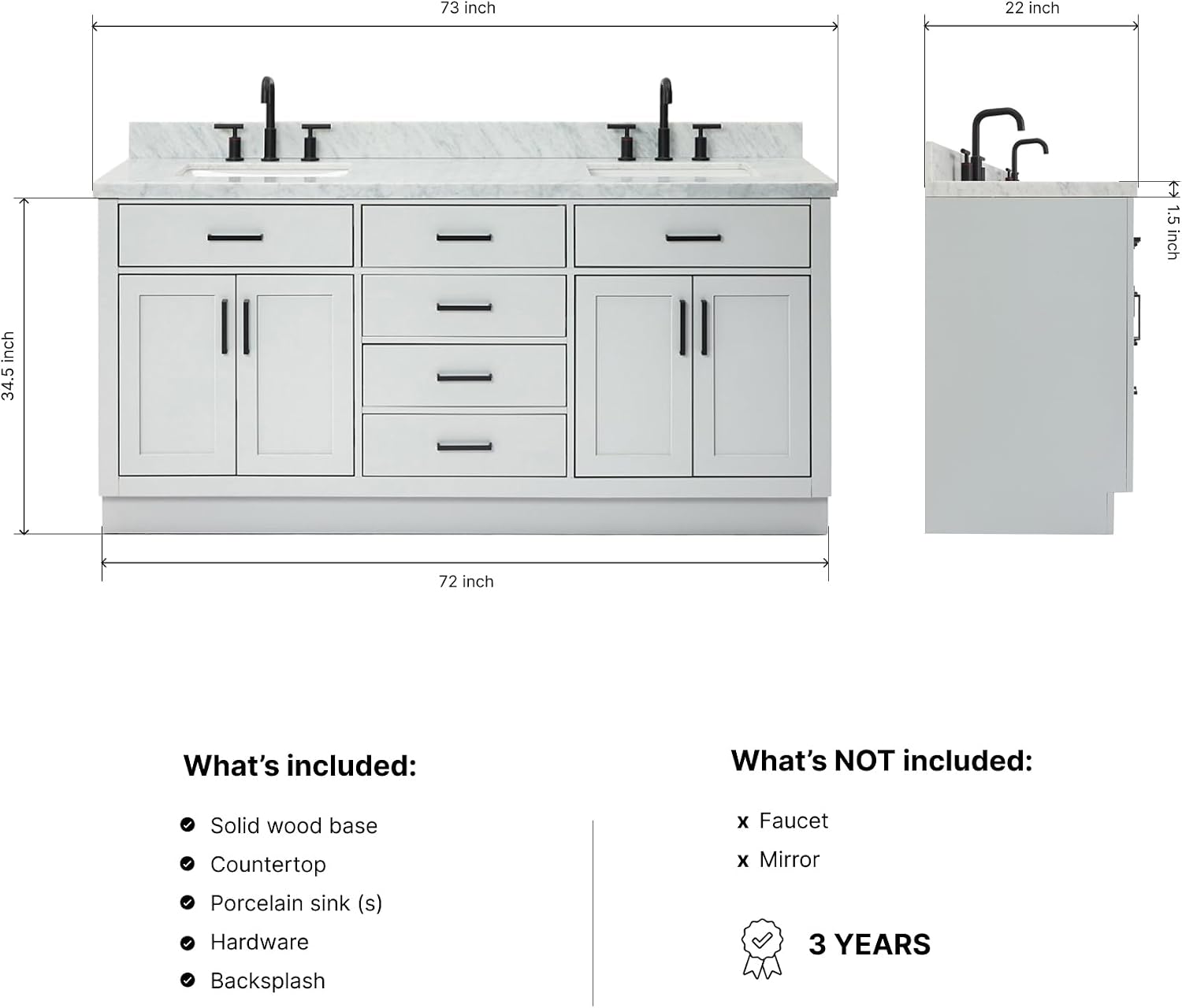 DKB Isabella 72 Inch Bathroom Vanity Double Sink — Grey Bathroom Vanity with Sink, 1.5' Edge Italian Carrara Marble Countertop & Backsplash, 4 Soft-Close Doors, 4 Dovetail Drawers, and 2 Tilt Drawers