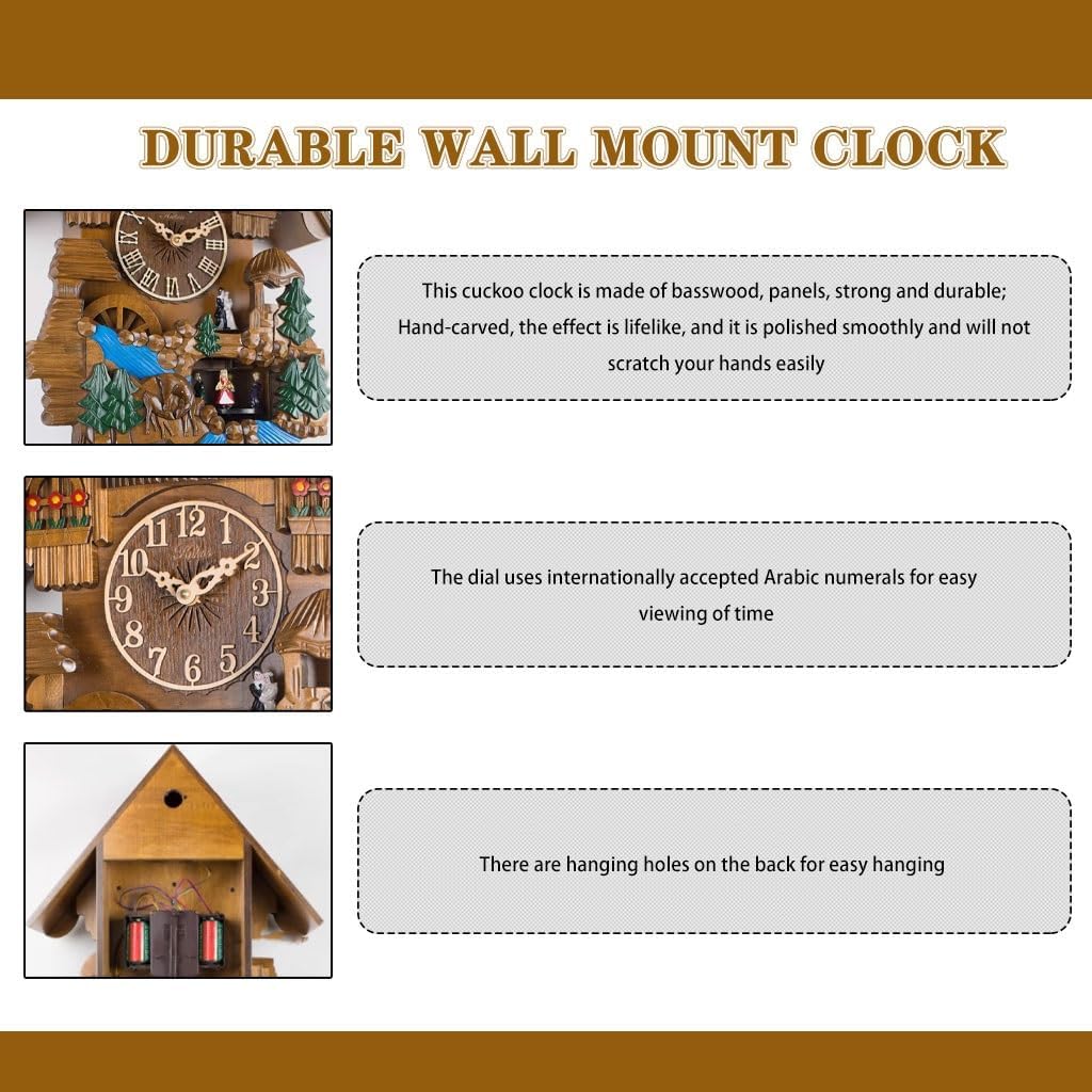 Cuckoo Clocks Wall Clock Decorative Boho Pastoral Style Painted Clock, Hand Carved Cuckoo Clock, European Style Wall Decoration, for Living Room, Report Time Hourly