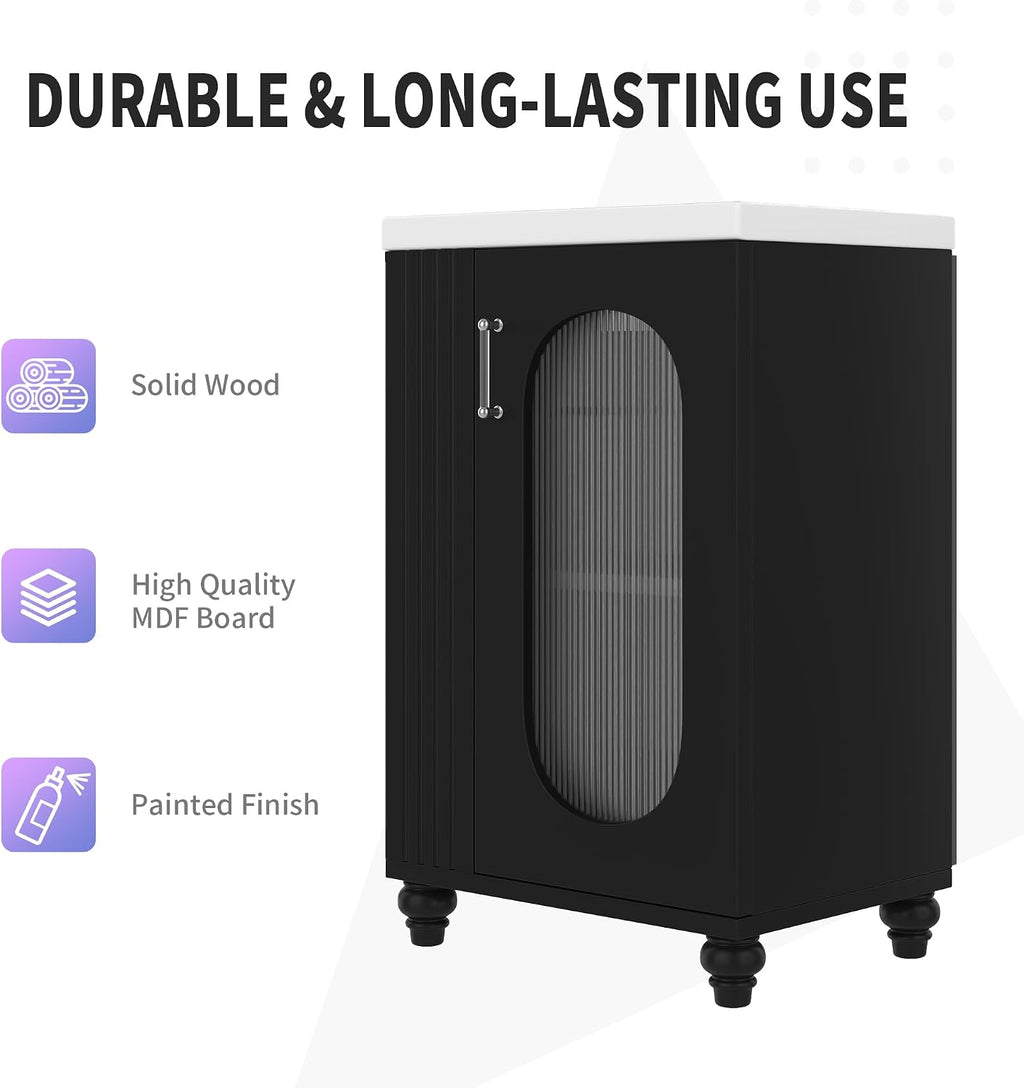 20-inch Bathroom Vanity with Sink, Free Standing Vanity Cabinet with Two-Tier Shelf and Glass Door, Wooden Bath Set Organizer with Single Ceramic Sink for Bathroom, Black