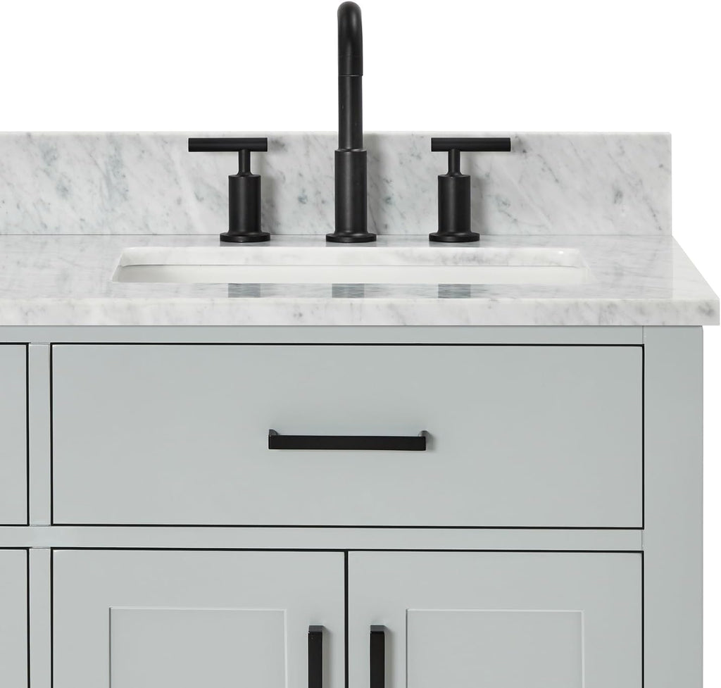 ARIEL Hepburn 66-inch Bathroom Vanity with Sink,Solid Wood, 0.75-inch Italian Carrara Marble Countertop, Double Rectangular Porcelain Sink, 4 Soft Closing Doors, 6 Dovetail Drawers, Grey