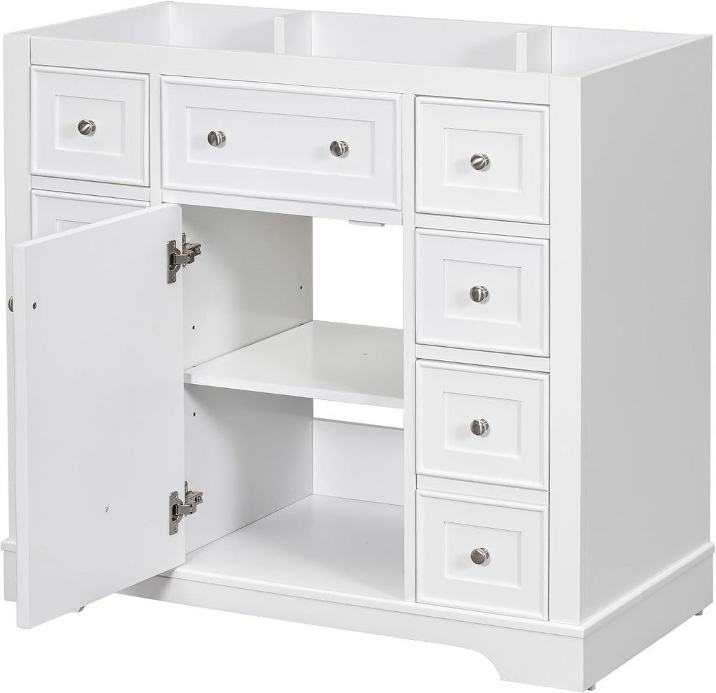 YOPTO 36' Bathroom Vanity Without Sink,Cabinet Base Only,One Cabinets and Six Drawers,Solid Wood Set Frame w/Multi-Functional Drawer Divider,Water-Proof,Stain Proof,White