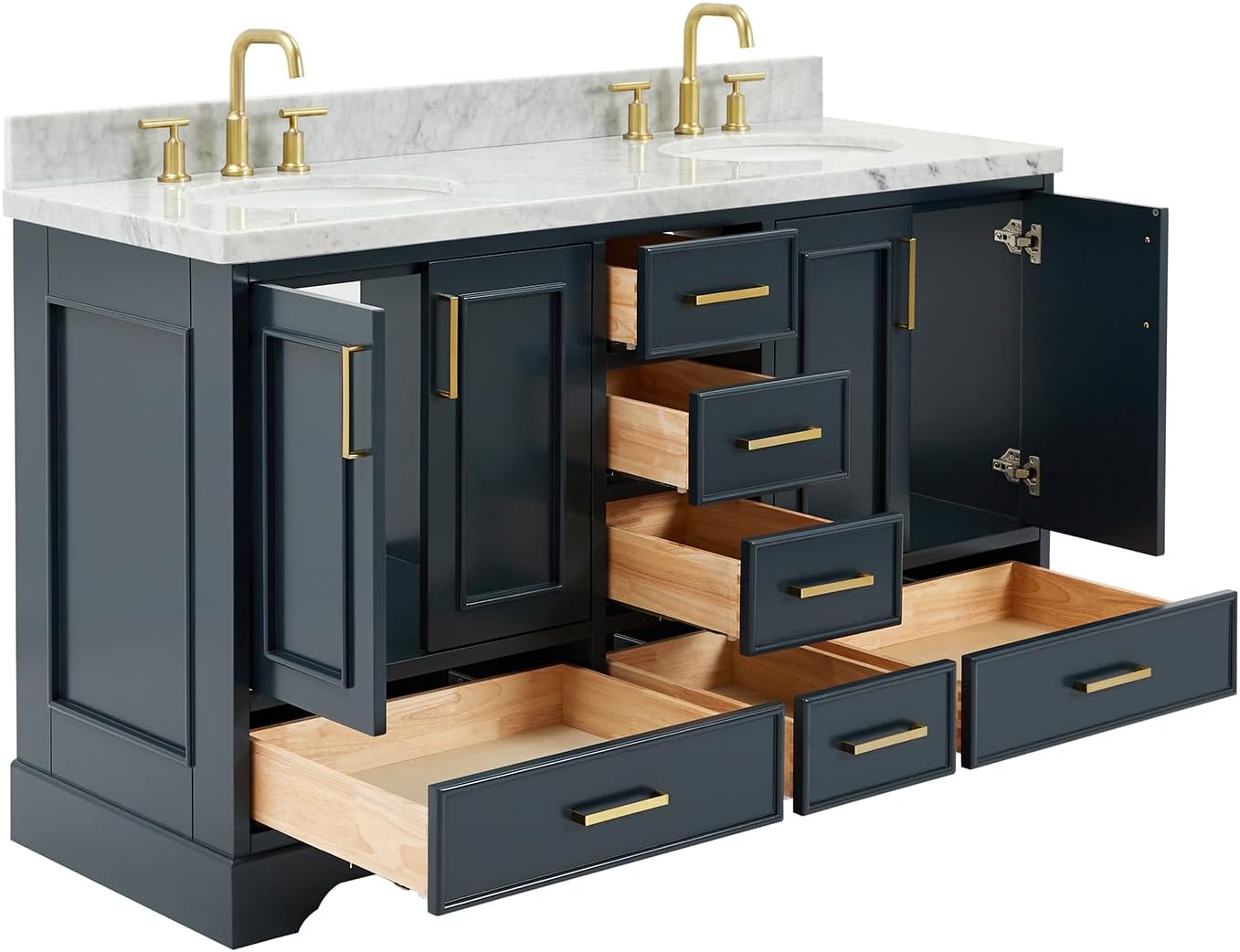 ARIEL Stafford 60-inch Bathroom Vanity with Sink,Solid Wood, 1.5-inch Italian Carrara Marble Countertop, Double Oval Porcelain Sink, 4 Soft Closing Doors, 6 Dovetail Drawers, Midnight Blue