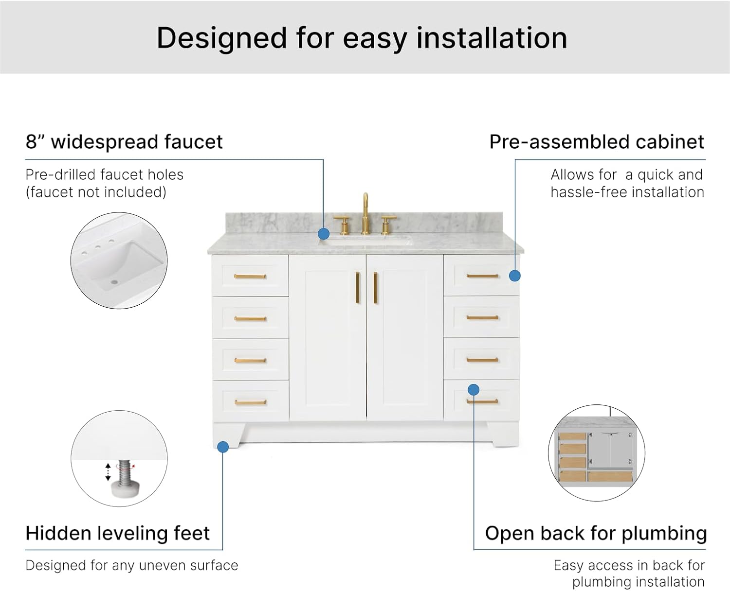 ARIEL Taylor 54-inch Bathroom Vanity with Sink,Solid Wood, 0.75-inch Italian Carrara Marble Countertop, Single Rectangular Porcelain Sink, 2 Soft Closing Doors, 9 Dovetail Drawers, White