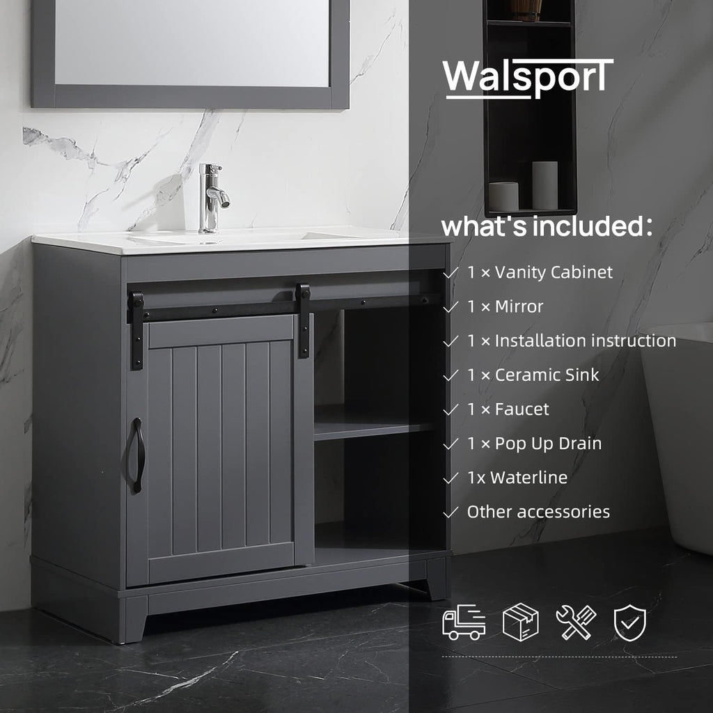 36 inch Bathroom Vanity with Sink Top Mirror Sliding Barn Door Dark Grey | Freestanding farmhouse bathroom vanity cabinet, ceramic single sink combo