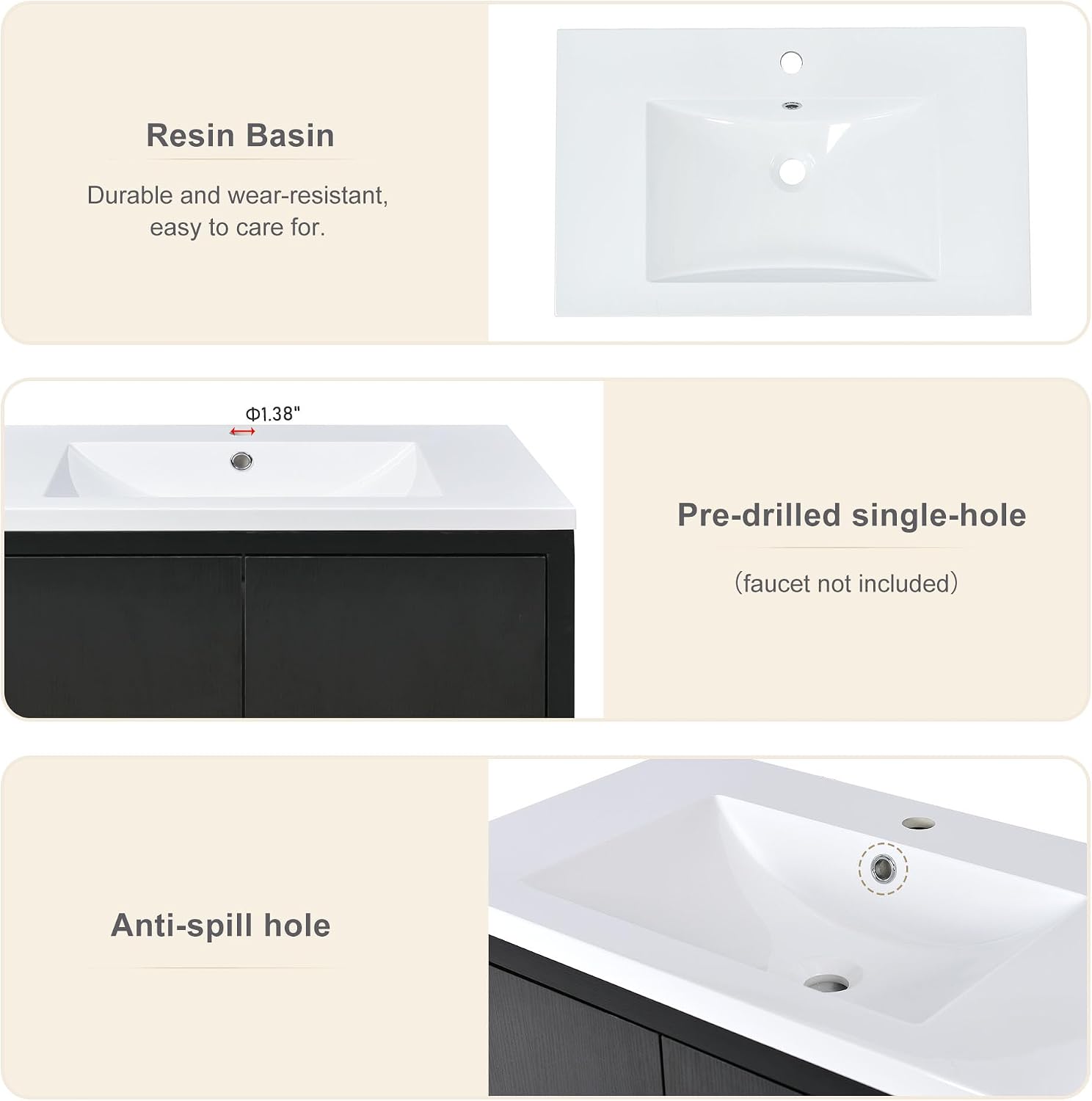 Harper & Bright Designs 30' Bathroom Vanity with Sink, Free Standing Single Basin Vanity Set with 2 Doors Lager Cabinet, Modern Wooden Bathroom Cabinet with Resin Basin for Bathroom, Black