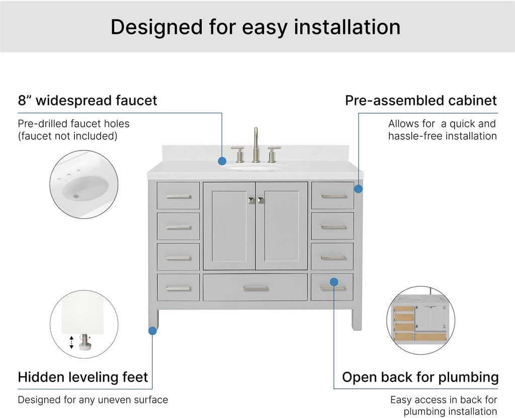 ARIEL Cambridge 48-inch Bathroom Vanity with Sink,Solid Wood, 1.5-inch Carrara White Quartz Countertop & Backsplash, Single Oval Porcelain Sink, 2 Soft Closing Doors, 9 Dovetail Drawers, Grey
