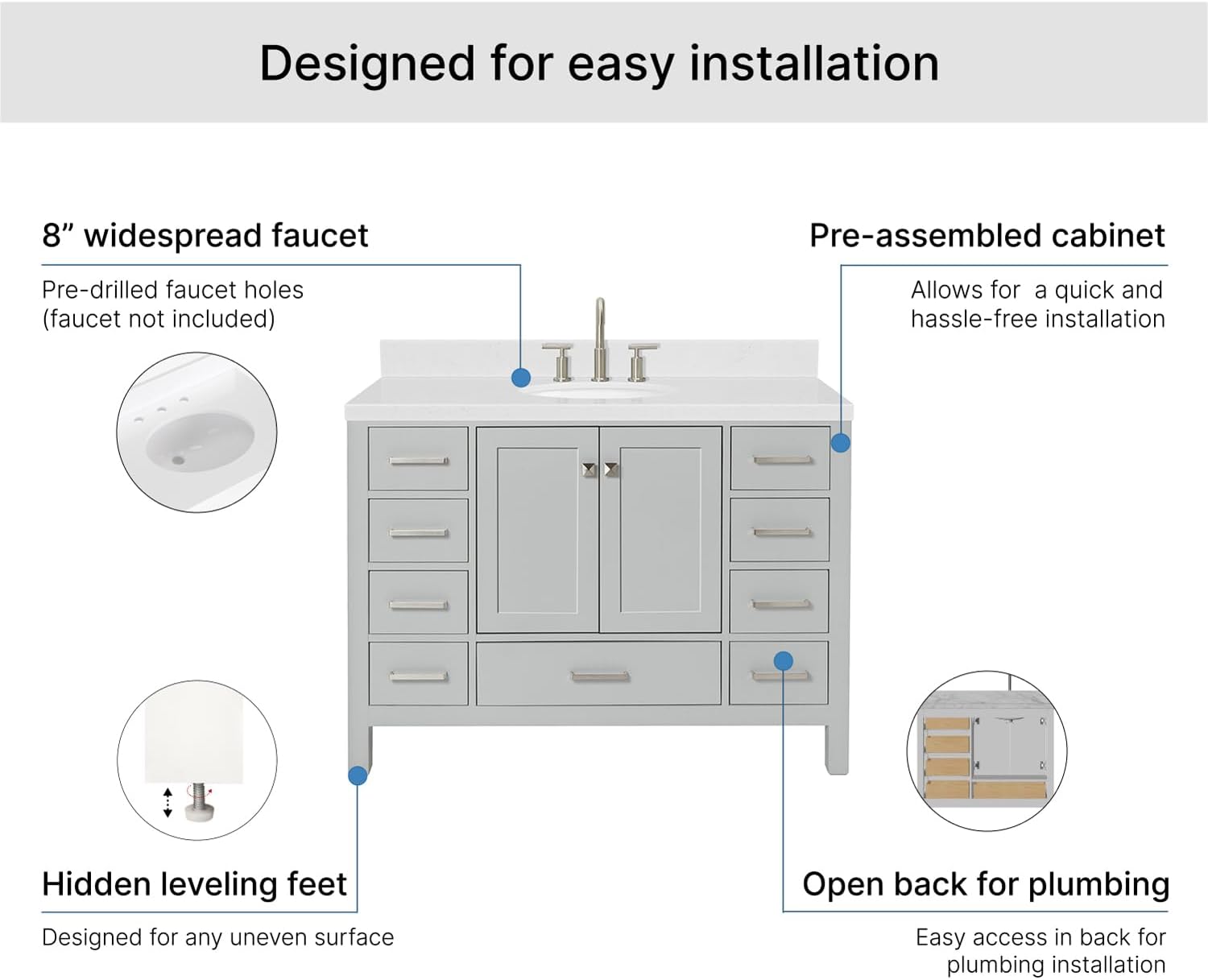 ARIEL Cambridge 48-inch Bathroom Vanity with Sink,Solid Wood, 1.5-inch Carrara White Quartz Countertop & Backsplash, Single Oval Porcelain Sink, 2 Soft Closing Doors, 9 Dovetail Drawers, Grey
