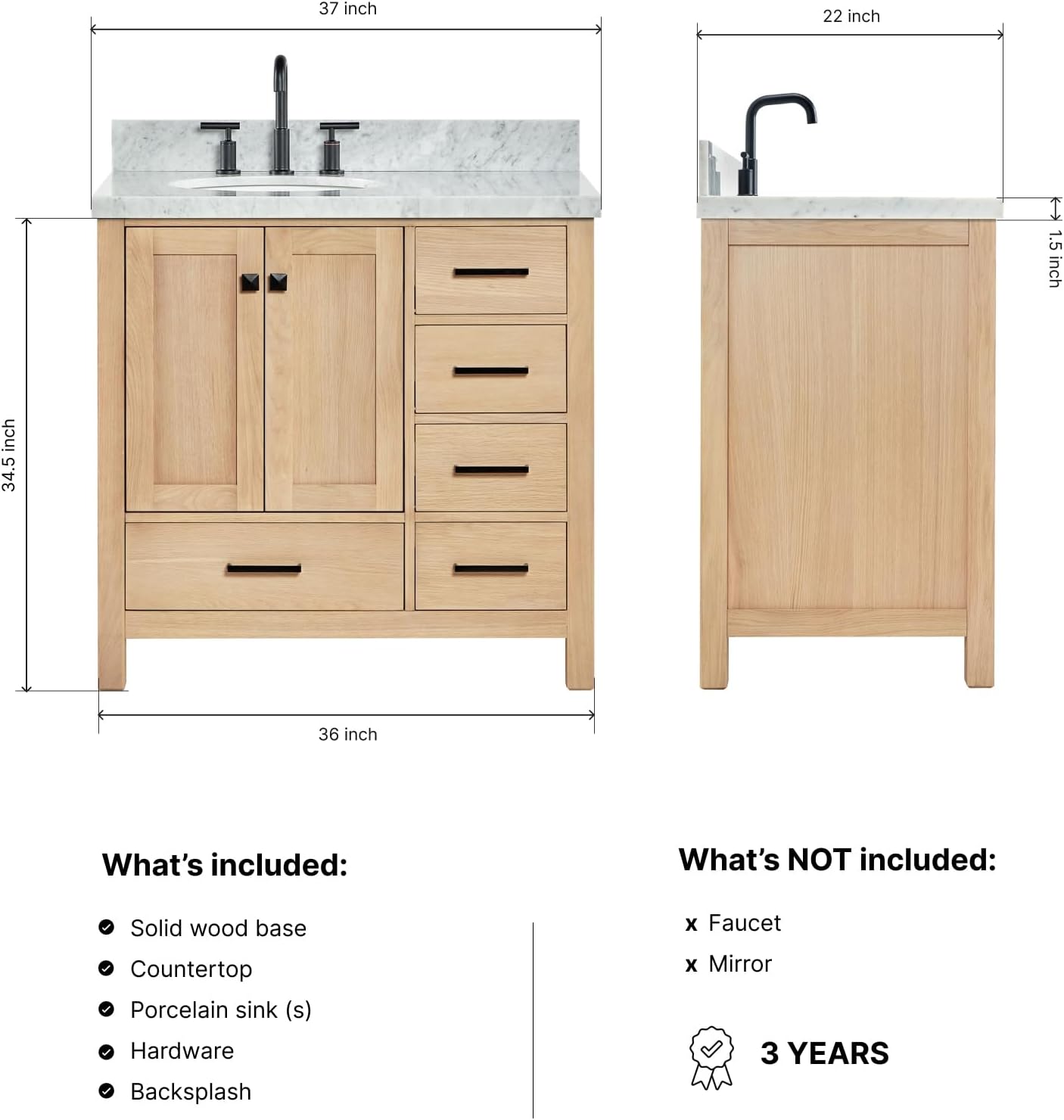 DKB Beckford 36-Inch Oak Single Bathroom Vanity with Sink, Italian Carrara Marble Countertop & 4' Backsplash, Soft Closing Door & Drawer, Matte Black Hardware