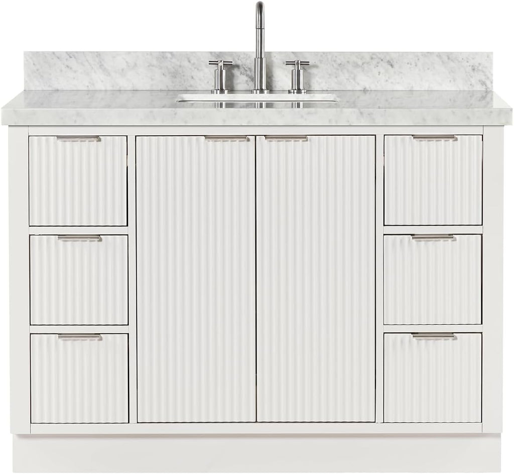 ARIEL Milan 48-inch Bathroom Vanity with Sink,Solid Wood, 1.5-inch Italian Carrara Marble Countertop, Single Rectangular Porcelain Sink, 2 Soft Closing Doors, 6 Dovetail Drawers, Warm White
