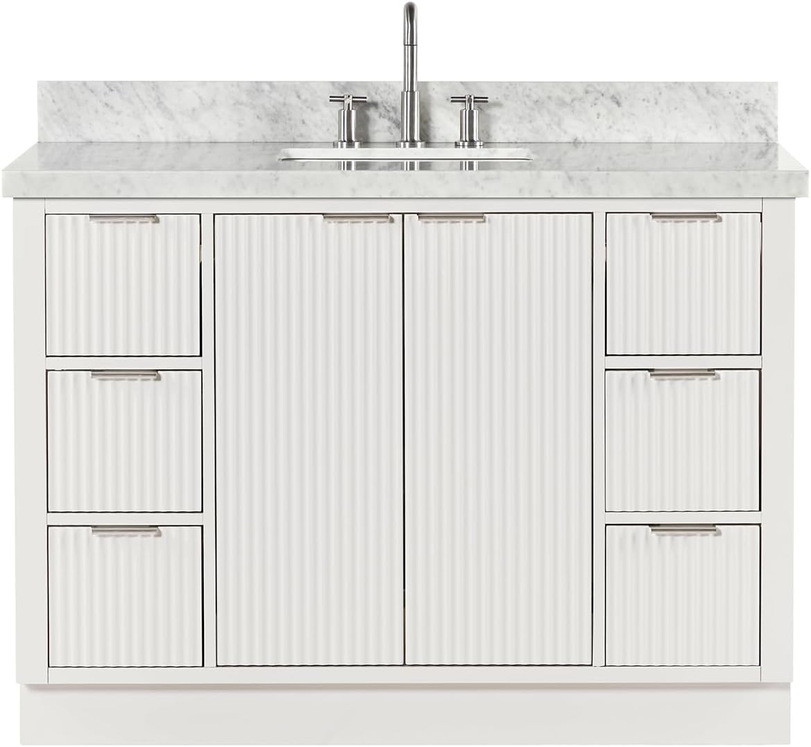 ARIEL Milan 48-inch Bathroom Vanity with Sink,Solid Wood, 1.5-inch Italian Carrara Marble Countertop, Single Rectangular Porcelain Sink, 2 Soft Closing Doors, 6 Dovetail Drawers, Warm White