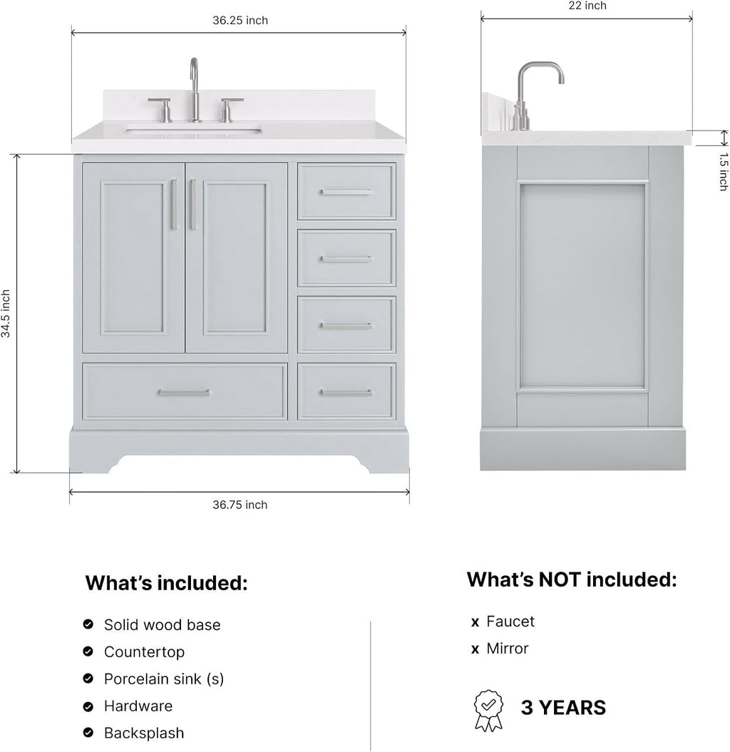 ARIEL Stafford 36-inch Bathroom Vanity with Sink,Solid Wood, 1.5-inch Carrara White Quartz Countertop & Backsplash, Single Rectangular Porcelain Sink, 2 Soft Closing Doors, 5 Dovetail Drawers, Grey