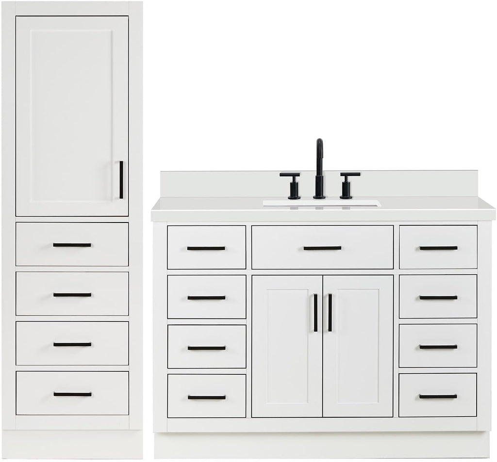 ARIEL Hepburn 69 Inch Includes 20 Inch Linen Cabinet and 1 of 49 Inch Single Rectangle Sink Bathroom Vanity with Pure White Quartz Countertop 1.5 Inch in White