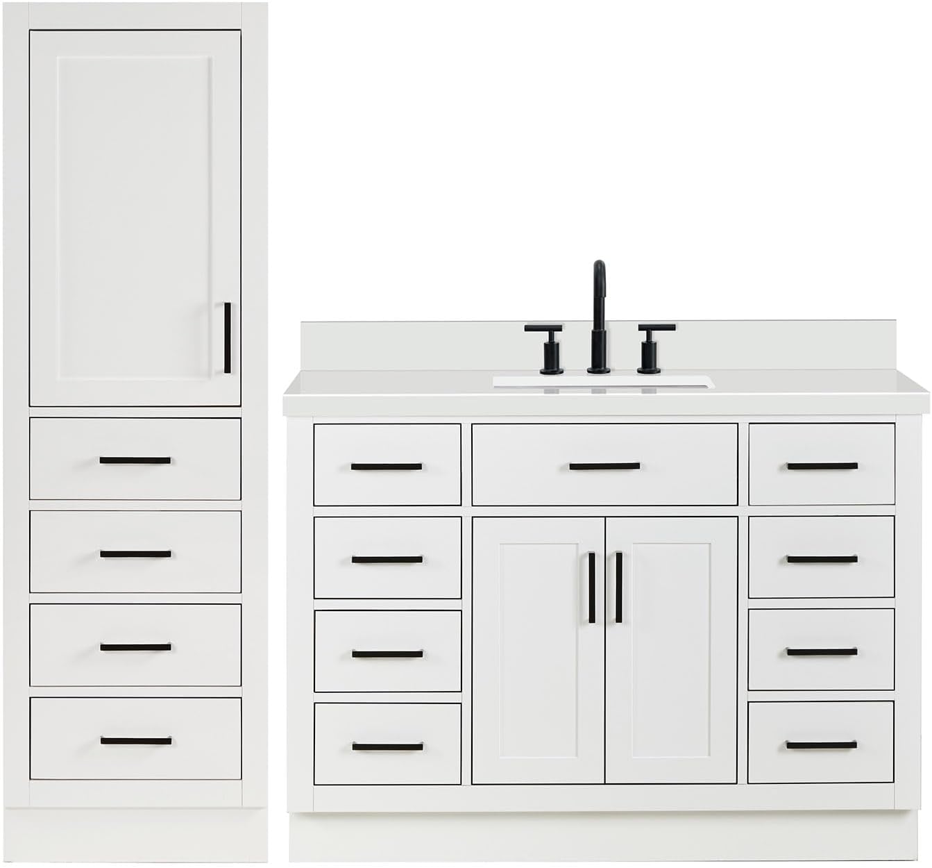 ARIEL Hepburn 69 Inch Includes 20 Inch Linen Cabinet and 1 of 49 Inch Single Rectangle Sink Bathroom Vanity with Pure White Quartz Countertop 1.5 Inch in White