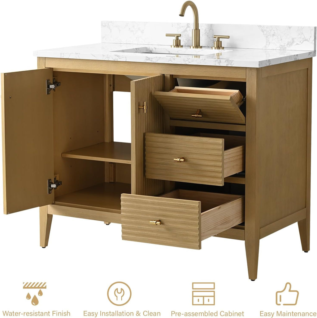HOMEBEYOND 42' Bathroom Vanity with Sink, Solid Wood Bathroom Vanity Free-Standing Cabinet, Drawers, Ceramic Top & Soft Closing Door, Golden Brushed Handware, Natural Oak