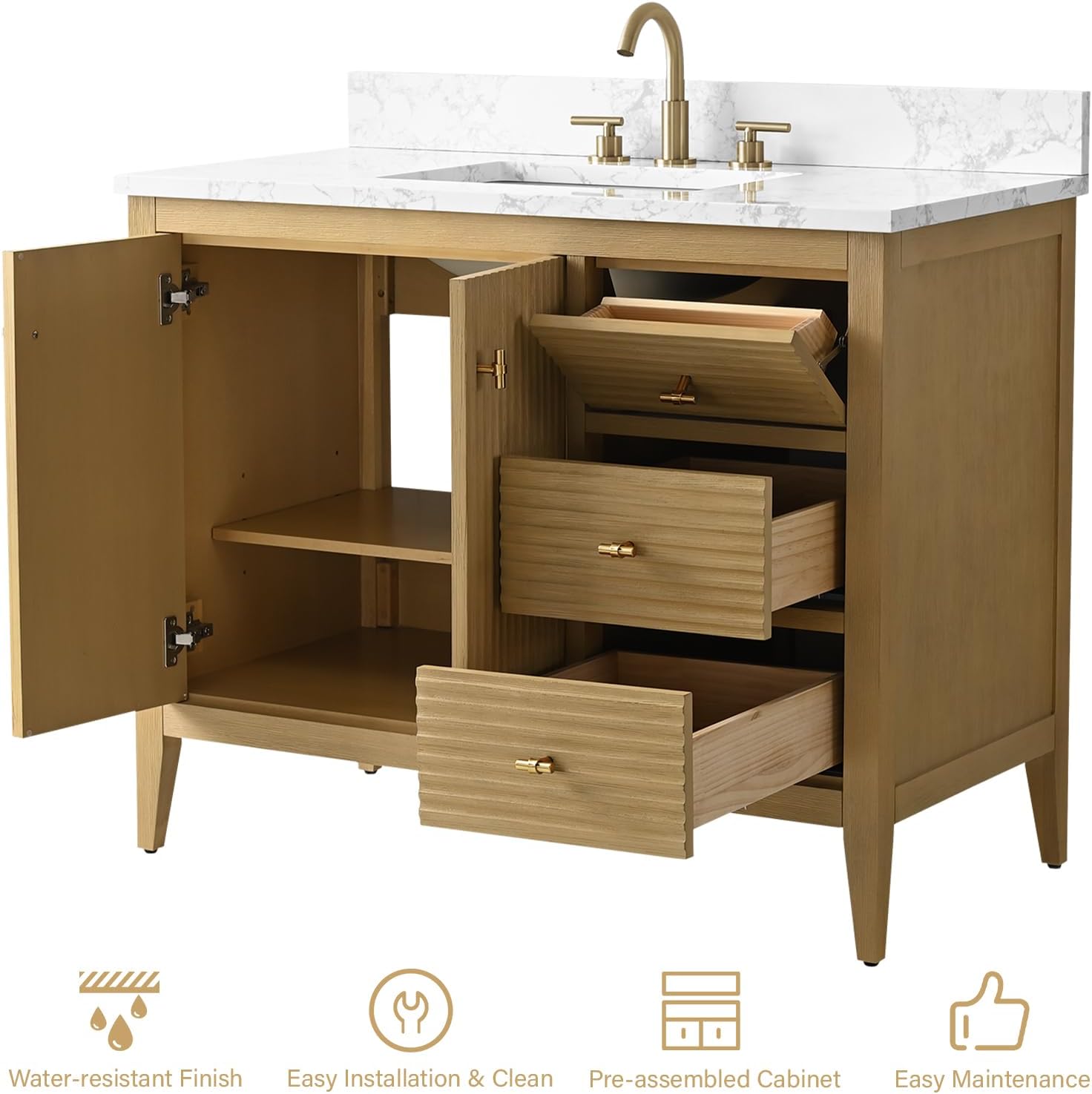 HOMEBEYOND 42' Bathroom Vanity with Sink, Solid Wood Bathroom Vanity Free-Standing Cabinet, Drawers, Ceramic Top & Soft Closing Door, Golden Brushed Handware, Natural Oak