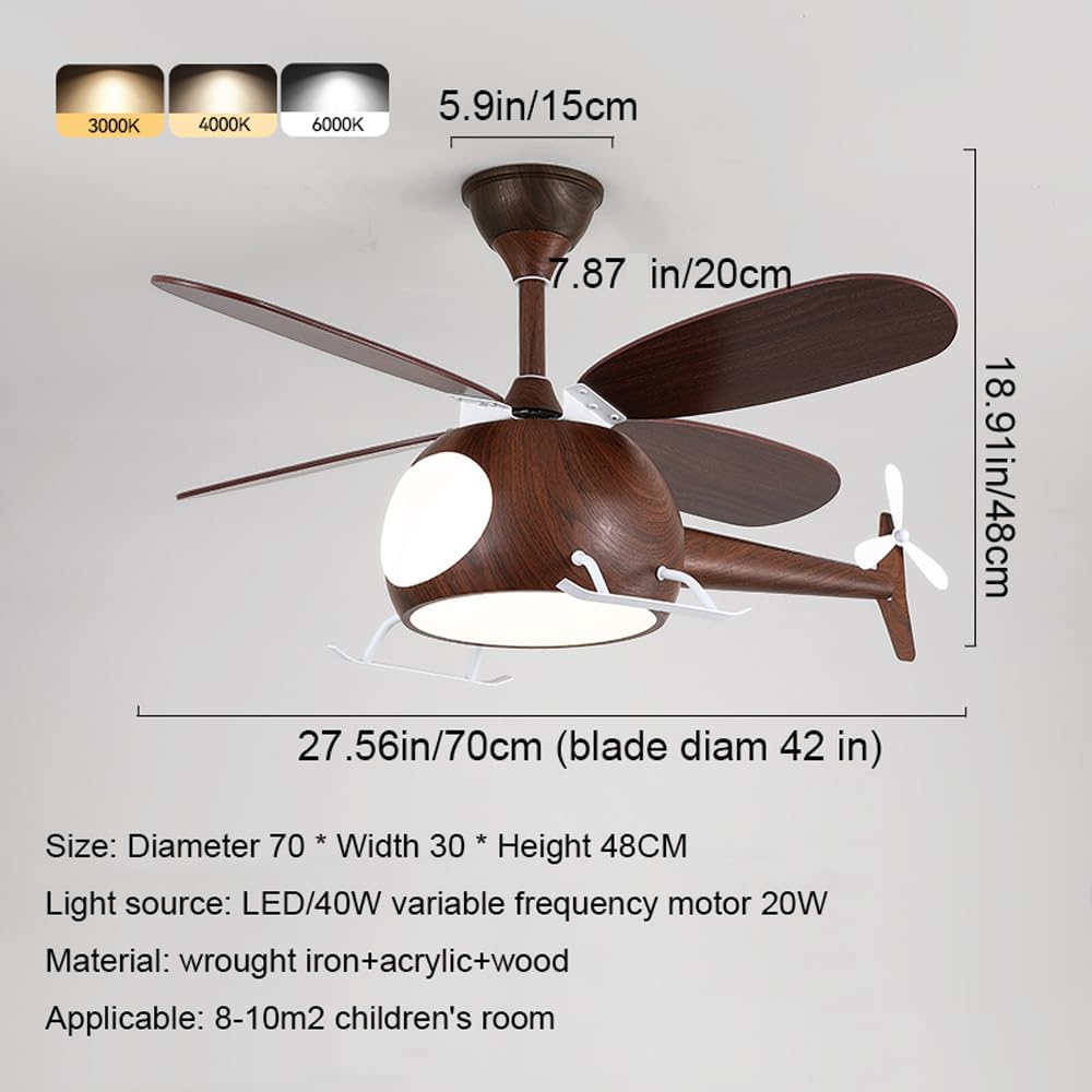 Children's Bedroom Ceiling Fan With Lights,Dimmable Kids Room Cartoon Ceiling Fan Lamp,Helicopter Model Wood Grain Airplane Pendant Light Decoration Fixtures,Remote Control Speed,Hydrographic Printing