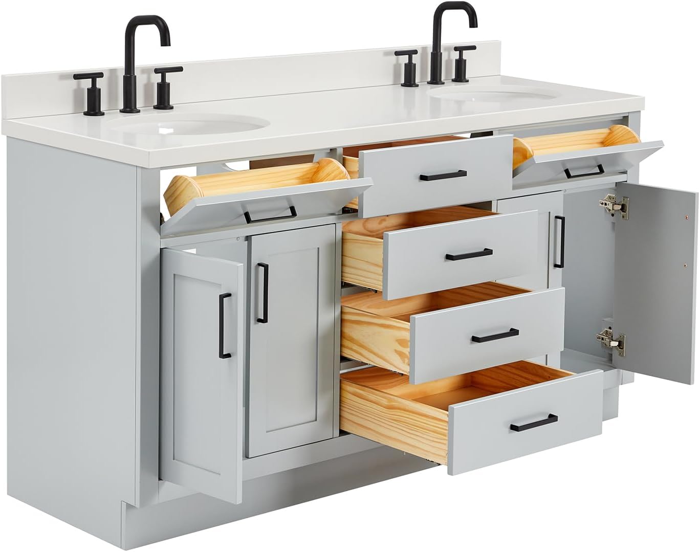 DKB Isabella 66-Inch Grey Double Bathroom Vanity, 1.5-Inch Pure White Quartz Countertop & Backsplash, Two Oval Sinks, 4 Soft Closing Doors, 6 Dovetail Drawers, Toe Kick, Matte Black Hardware