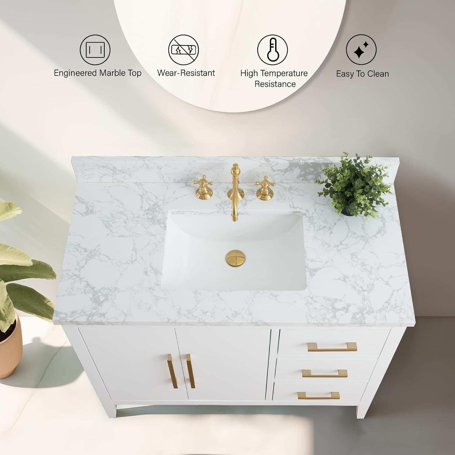 Vanity Art 42 inch Bathroom Vanity with Single Sink & Ceramic Top, Vanity Cabinet with Soft-Closing Doors, Drawers, Solid Wood Frame, White, Brushed Nickle Handware