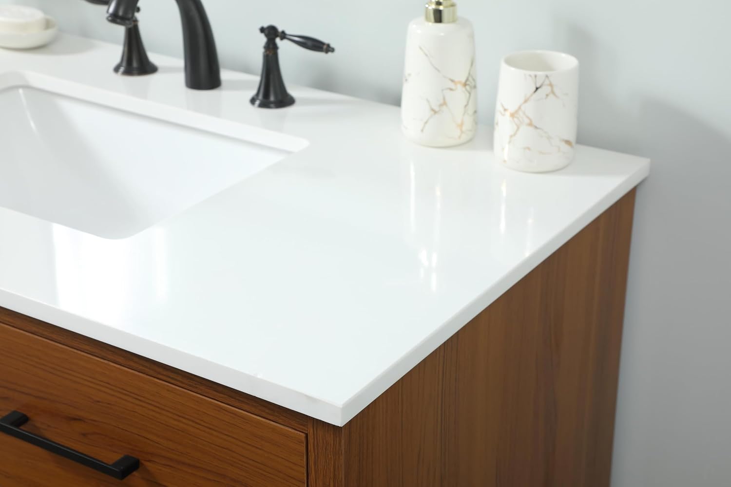 42' Pre-Assembled Bathroom Vanity with Sink, Engineered Wood, Ivory White Engineered Marble Countertop Attached, Single Rectangle Porcelain Sink, 2 Soft-Close Drawers, Teak