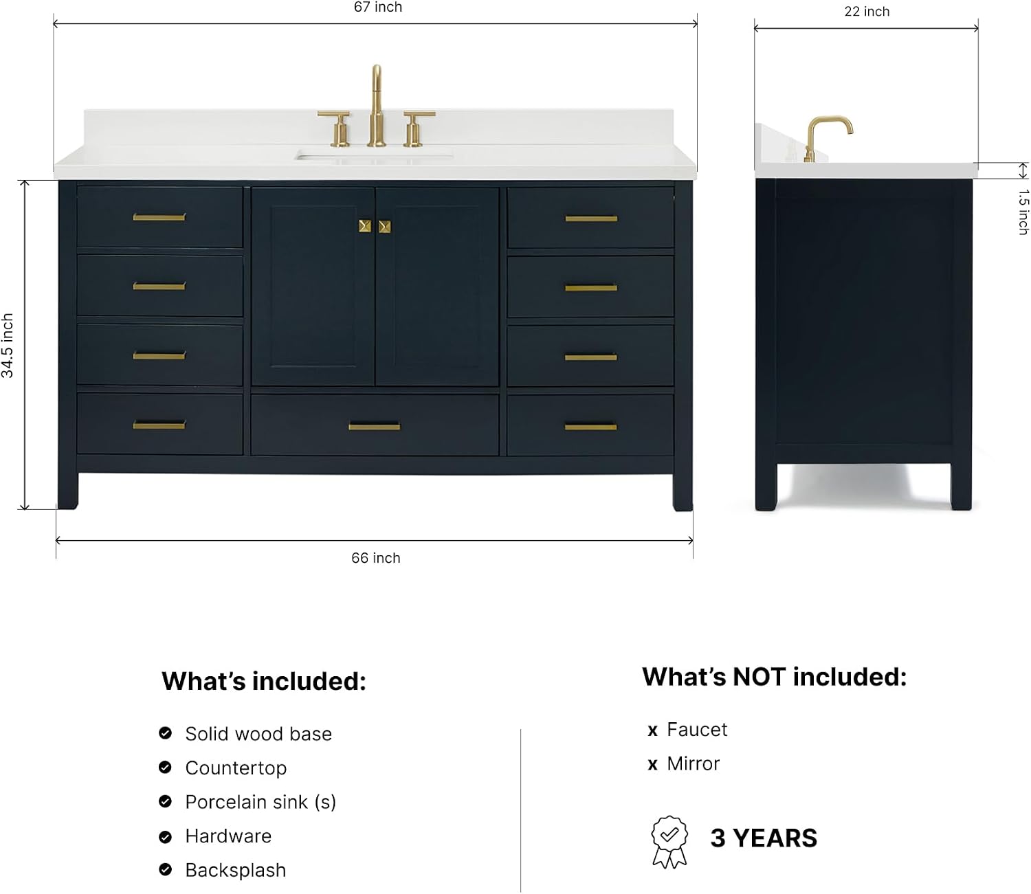 ARIEL Cambridge 66-inch Bathroom Vanity with Sink,Solid Wood, 1.5-inch Pure White Quartz Countertop, Single Rectangular Porcelain Sink, 2 Soft Closing Doors, 9 Dovetail Drawers, Midnight Blue