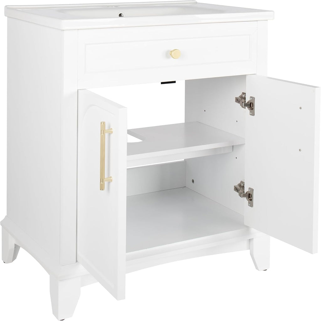 Henf White Bathroom Vanity with Sink 28inch Undermount Sink Bathroom Storage Cabinet w/2 Doors Cabinet,Ceramic Integrated Sink,Solid Wood Legs and Metal Handles, Freestanding Bath Storage Cabinet