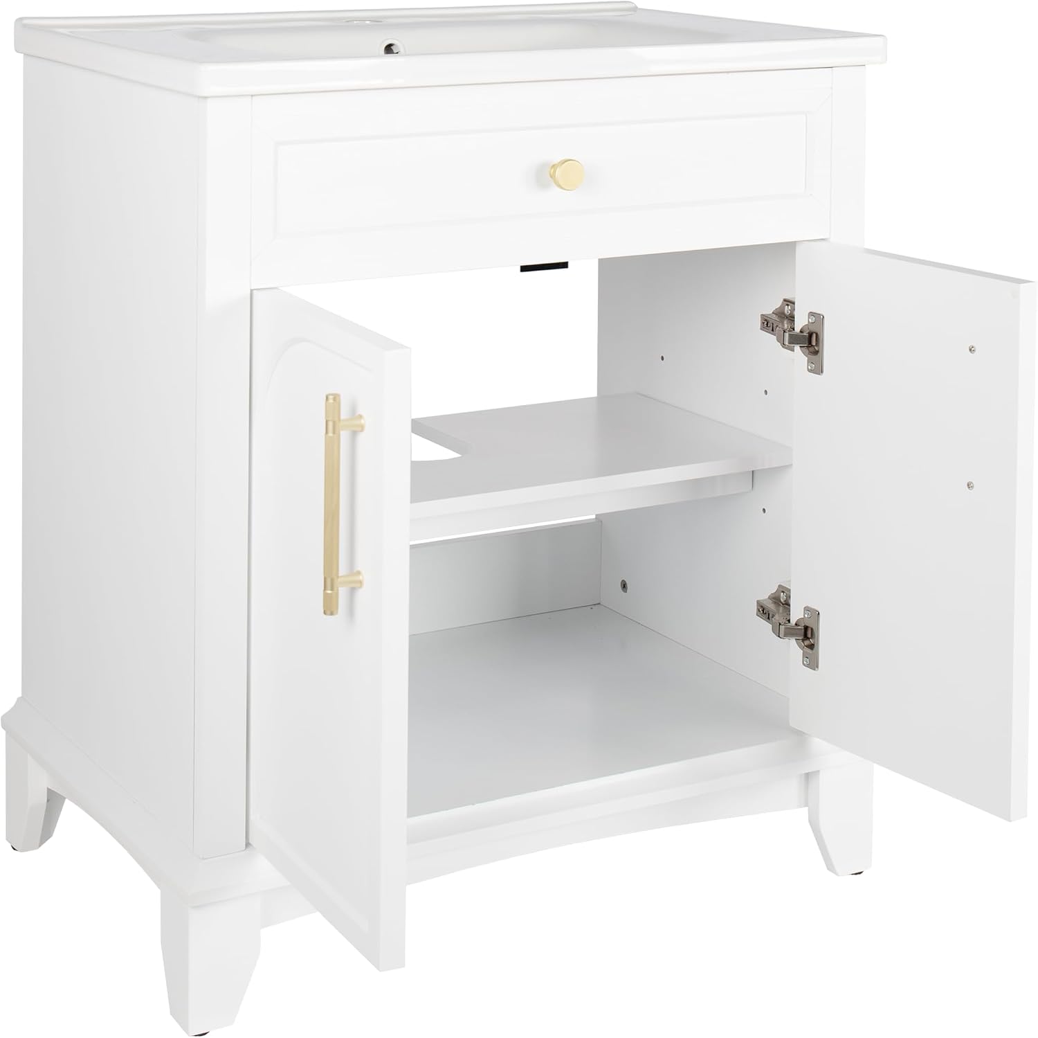 Henf White Bathroom Vanity with Sink 28inch Undermount Sink Bathroom Storage Cabinet w/2 Doors Cabinet,Ceramic Integrated Sink,Solid Wood Legs and Metal Handles, Freestanding Bath Storage Cabinet