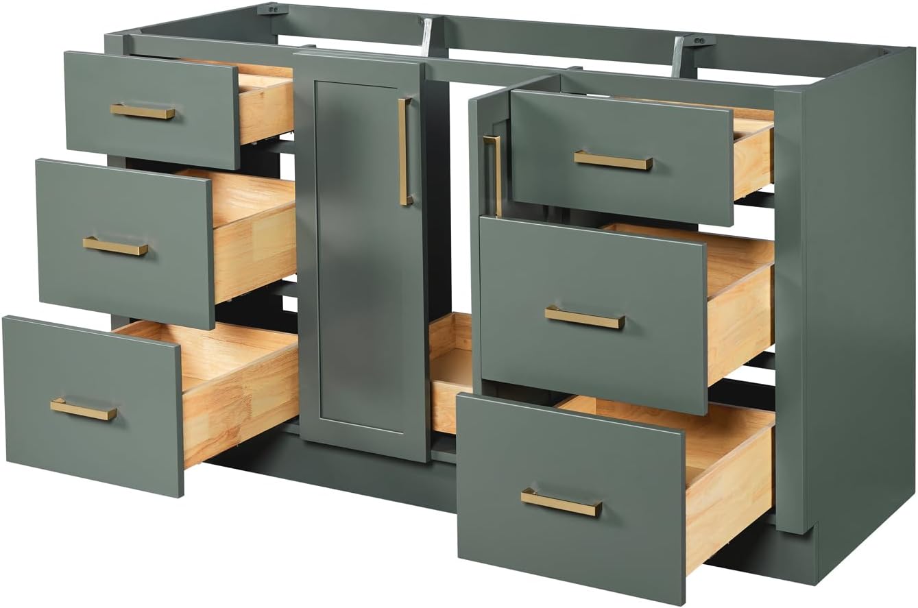 ARIEL Loren 60-inch Bathroom Vanity with Sink,Solid Wood, 1.5-inch Carrara White Quartz Countertop, Single Oval Porcelain Sink, 2 Soft Closing Doors, 7 Dovetail Drawers, Vintage Green