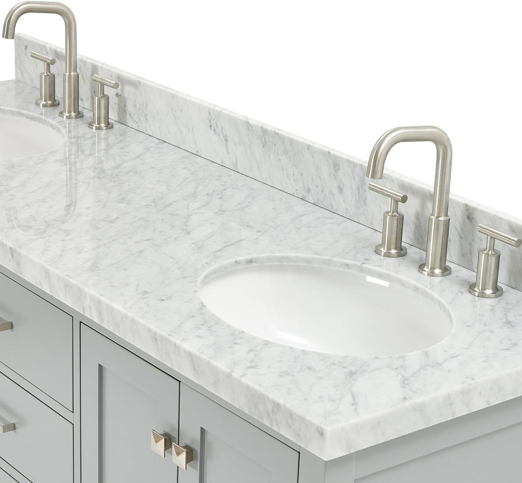 ARIEL Cambridge 66-inch Bathroom Vanity with Sink,Solid Wood, 1.5-inch Italian Carrara Marble Countertop & Backsplash, Double Oval Porcelain Sink, 4 Soft Closing Doors, 6 Dovetail Drawers, Grey