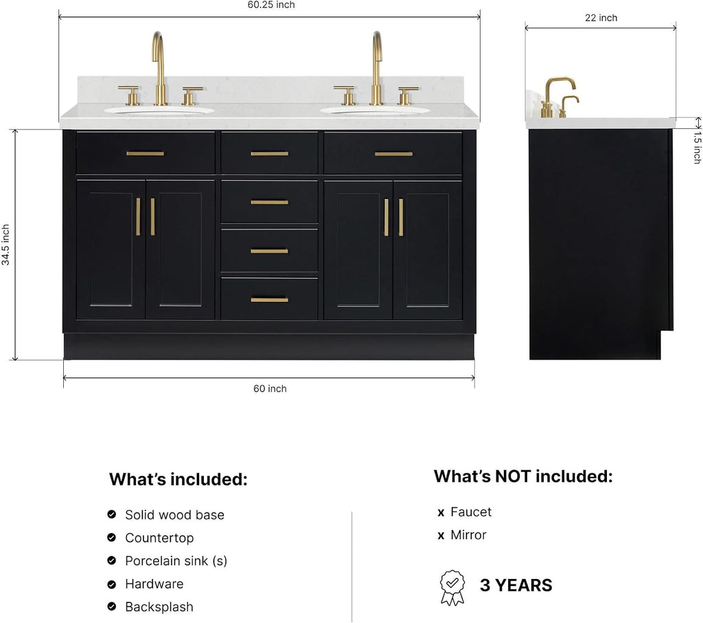 ARIEL Hepburn 60-inch Bathroom Vanity with Sink,Solid Wood, 1.5-inch Carrara White Quartz Countertop & Backsplash, Double Oval Porcelain Sink, 4 Soft Closing Doors, 6 Dovetail Drawers, Black