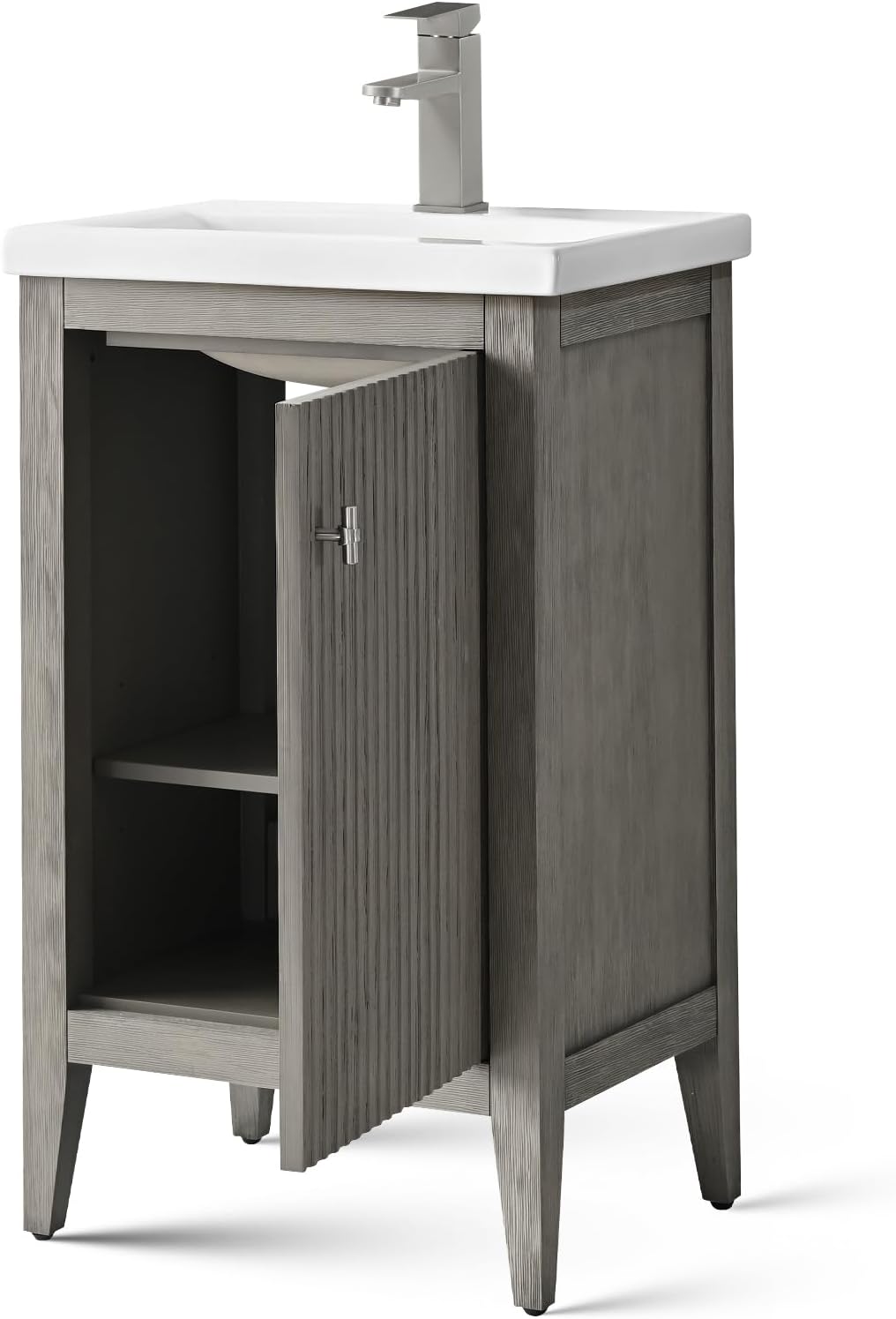 Vanity Art 20 inch Bathroom Vanity with Single Sink & Ceramic Top, Vanity Cabinet with Soft-Closing Door, Solid Wood Frame, Linear Pattern, Driftwood Gray, Golden Brushed Handware VA9120-DG-GB