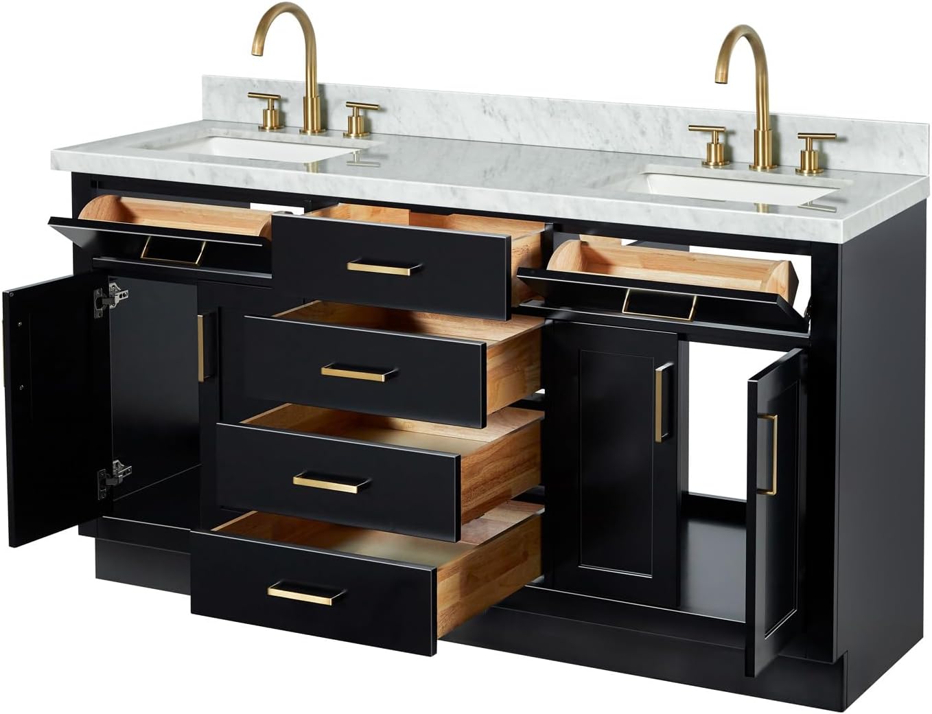 ARIEL Hepburn 66-inch Bathroom Vanity with Sink,Solid Wood, 1.5-inch Italian Carrara Marble Countertop, Double Rectangular Porcelain Sink, 4 Soft Closing Doors, 6 Dovetail Drawers, Black