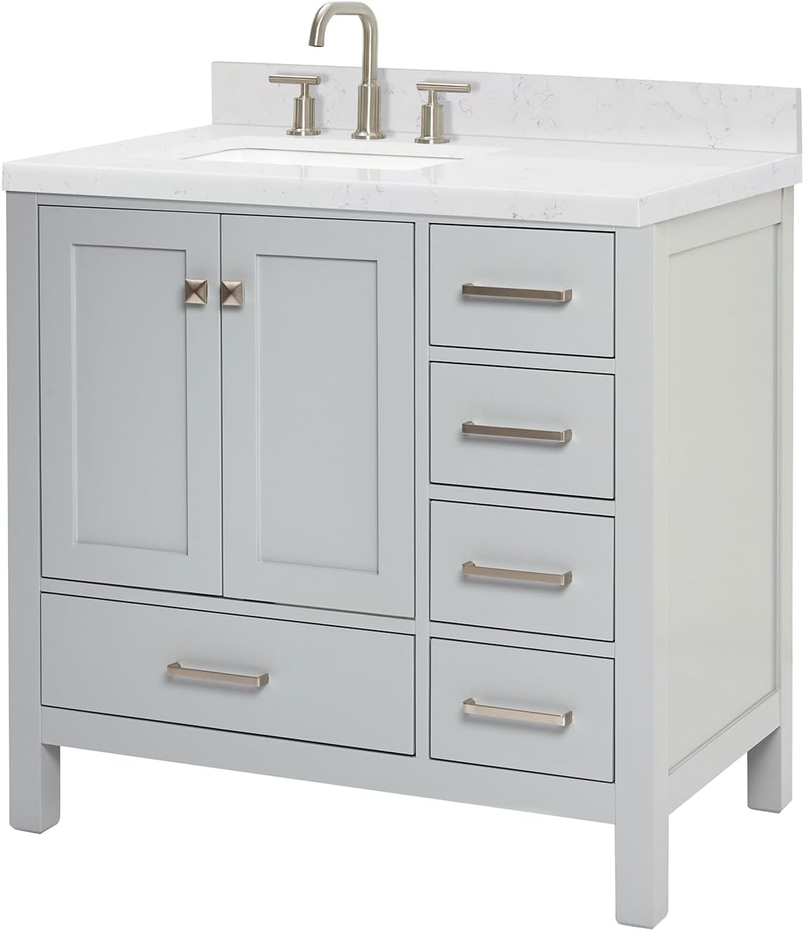 ARIEL Cambridge 36-inch Bathroom Vanity with Sink,Solid Wood, 1.5-inch Carrara White Quartz Countertop, Single Rectangular Porcelain Sink, 2 Soft Closing Doors, 5 Dovetail Drawers, Grey