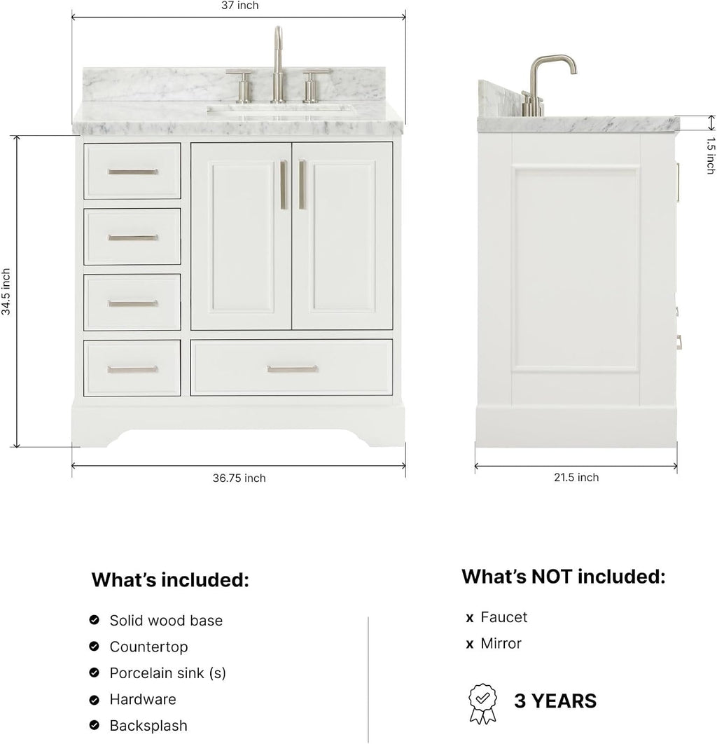 ARIEL Stafford 36-inch Bathroom Vanity with Sink,Solid Wood, 1.5-inch Italian Carrara Marble Countertop, Single Rectangular Porcelain Sink, 2 Soft Closing Doors, 5 Dovetail Drawers, White