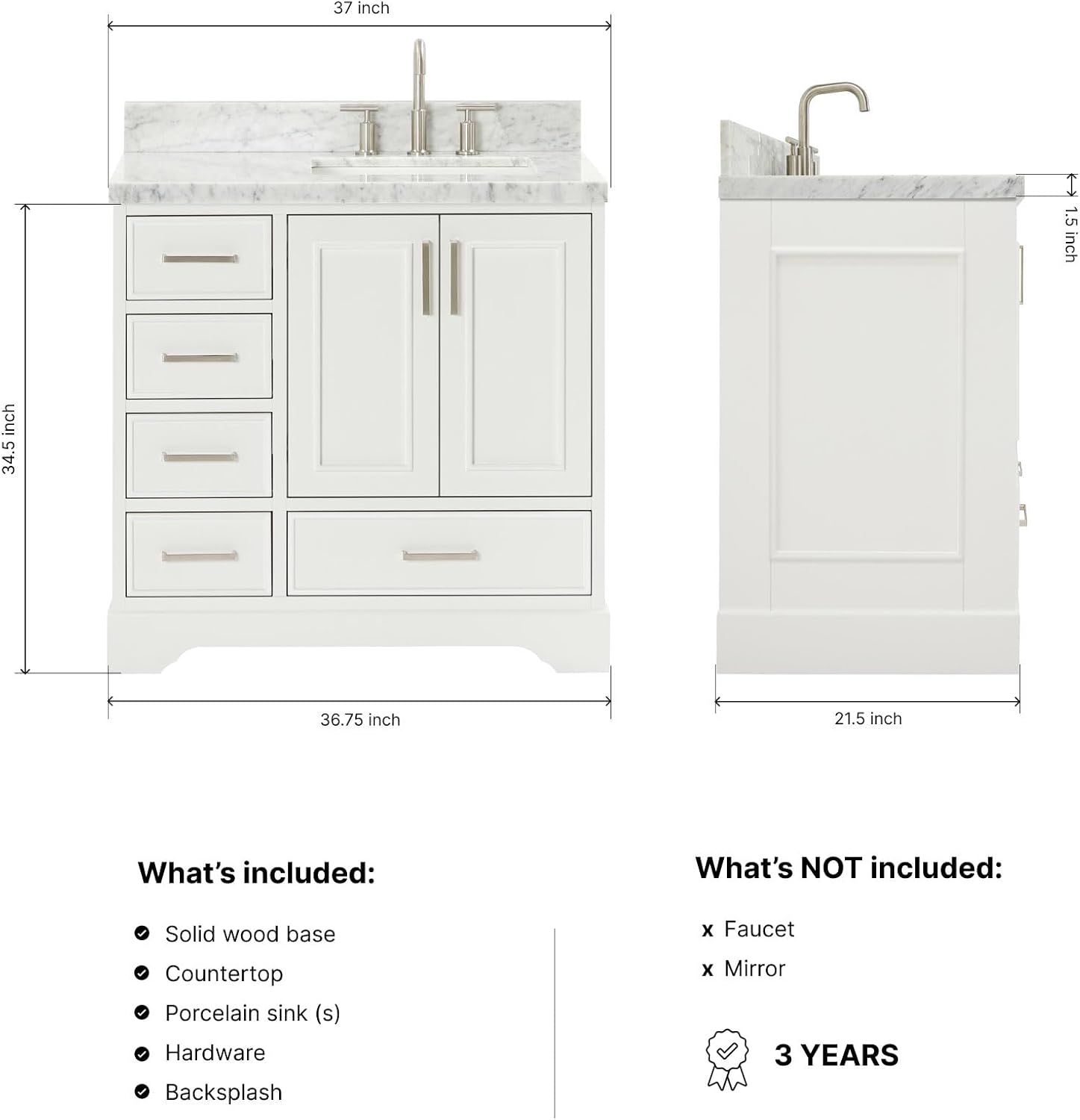 ARIEL Stafford 36-inch Bathroom Vanity with Sink,Solid Wood, 1.5-inch Italian Carrara Marble Countertop, Single Rectangular Porcelain Sink, 2 Soft Closing Doors, 5 Dovetail Drawers, White