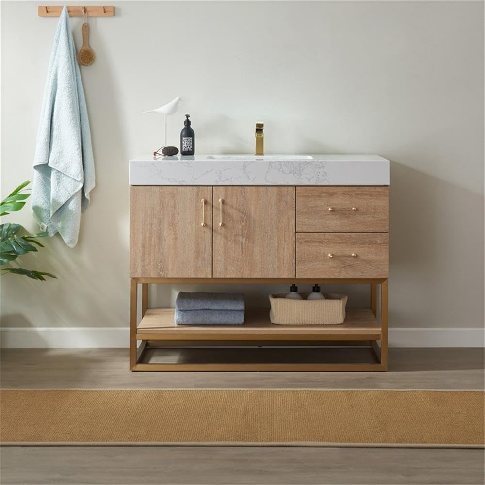 Pemberly Row 42' White Grain Stone Top Bathroom Vanity, Oak Finish, Solid Wood Construction, Ceramic Sink with Overflow, Brushed Gold Hardware, Soft-Closing Doors and Drawers, Contemporary Style