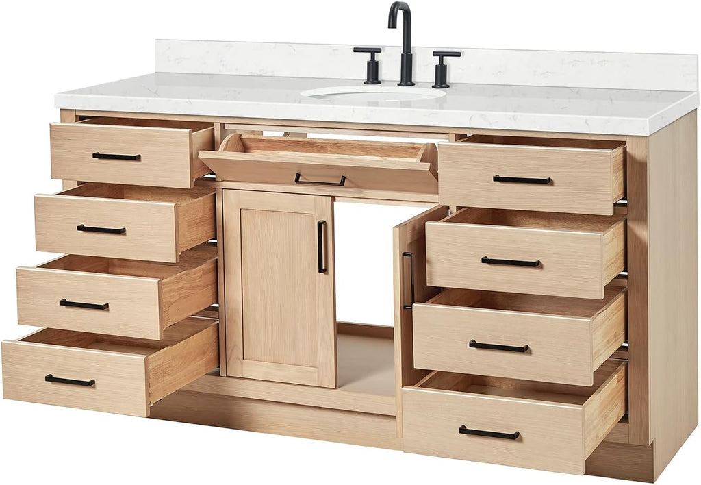 ARIEL Hepburn 66-inch Bathroom Vanity with Sink,Solid Wood, 1.5-inch Carrara White Quartz Countertop & Backsplash, Single Oval Porcelain Sink, 2 Soft Closing Doors, 9 Dovetail Drawers, White Oak